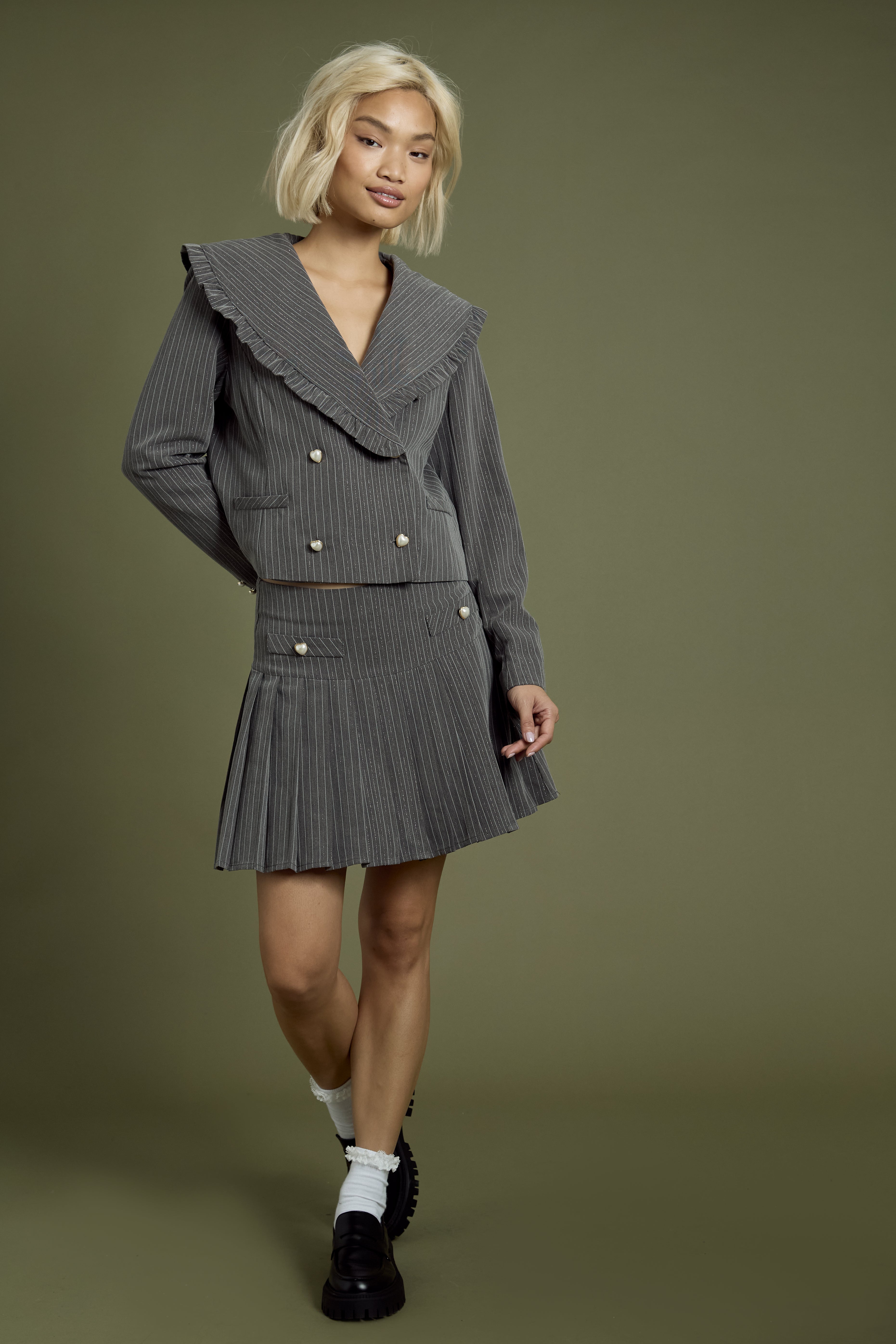 Aubrey Pleated Sparkle Pinstripe Mini Skirt