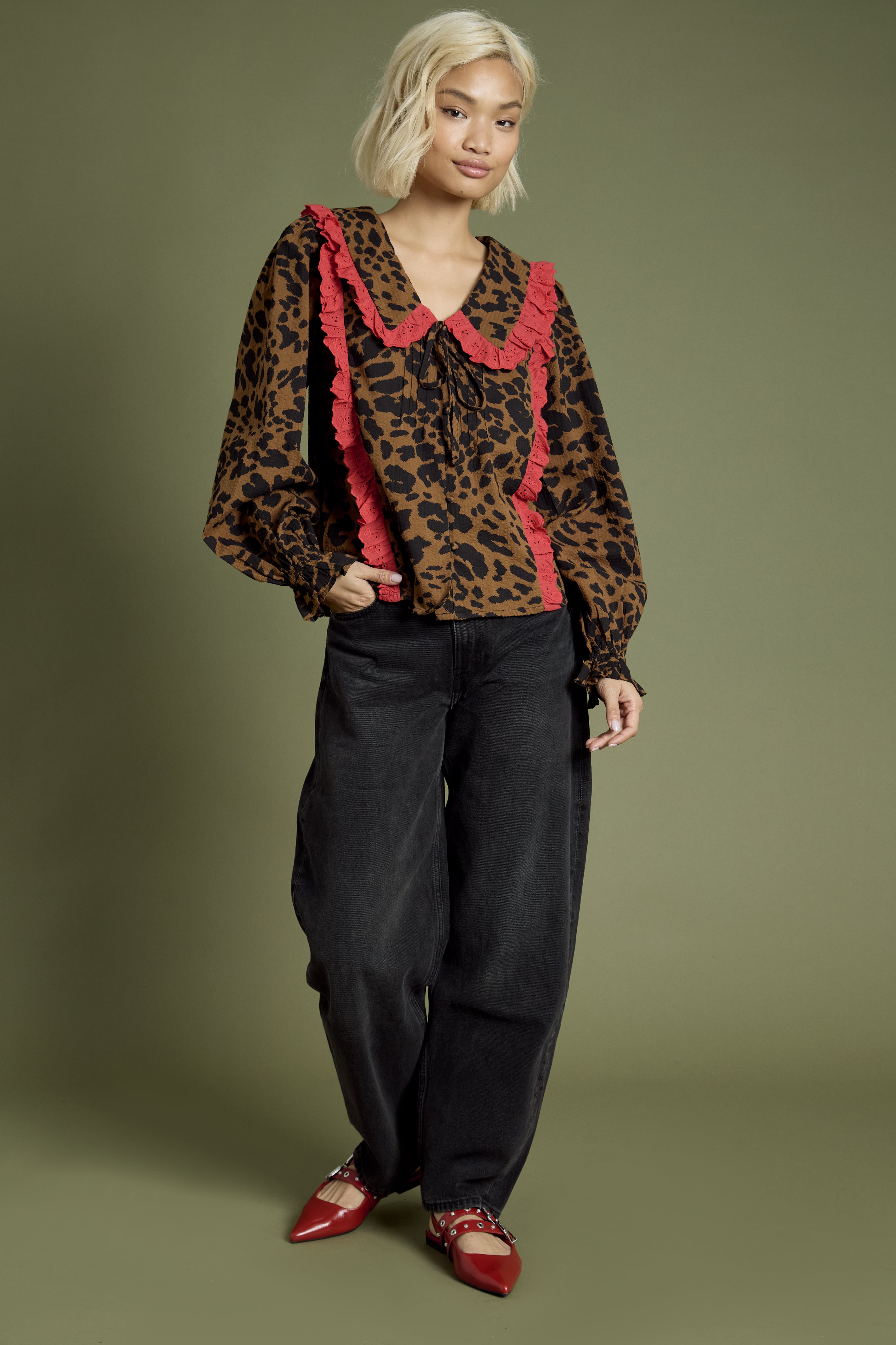 Blake Layered Collar Bow-Front Blouse in leopard