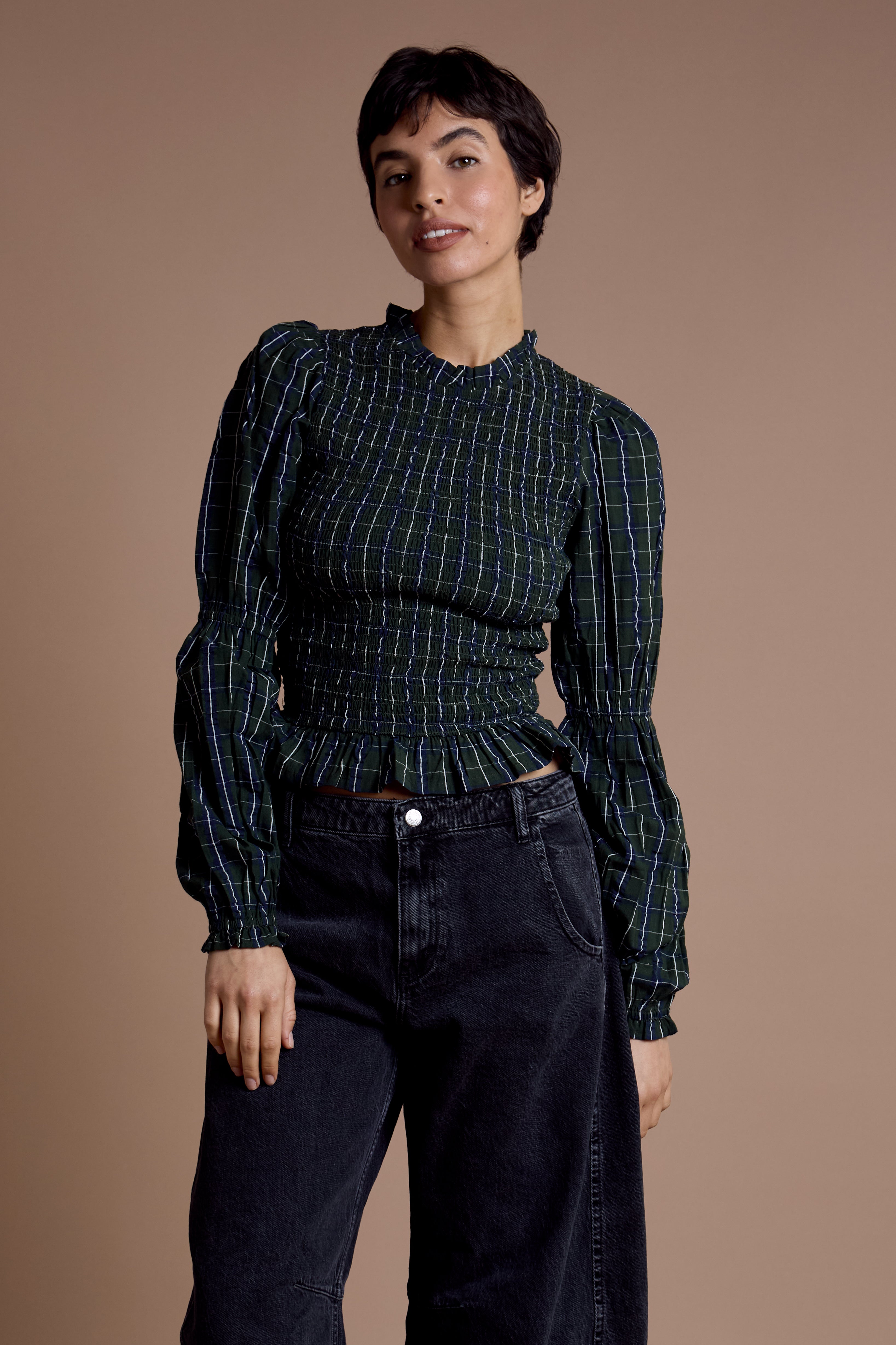 Mae Shirred Check Blouse