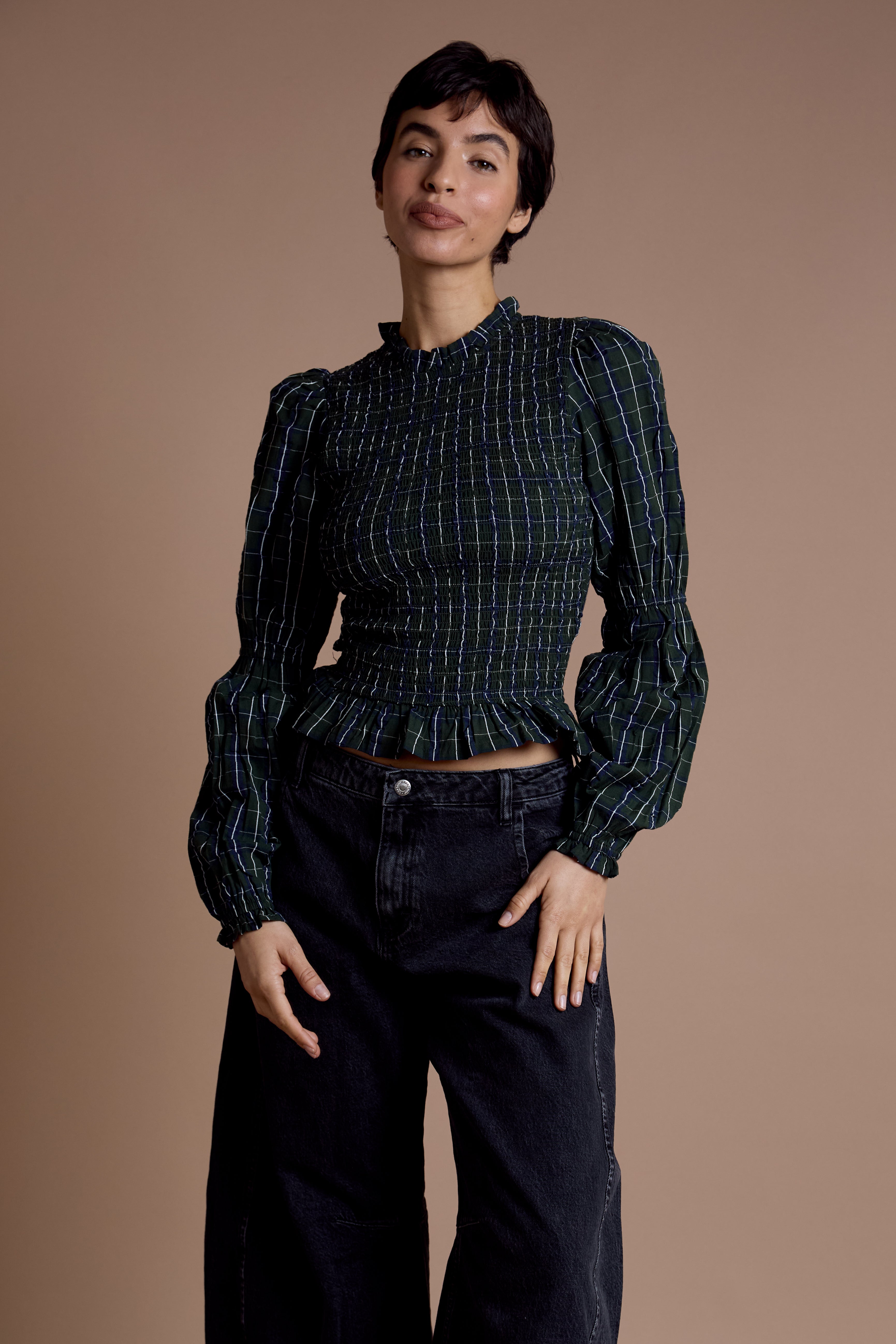 Mae Shirred Check Blouse