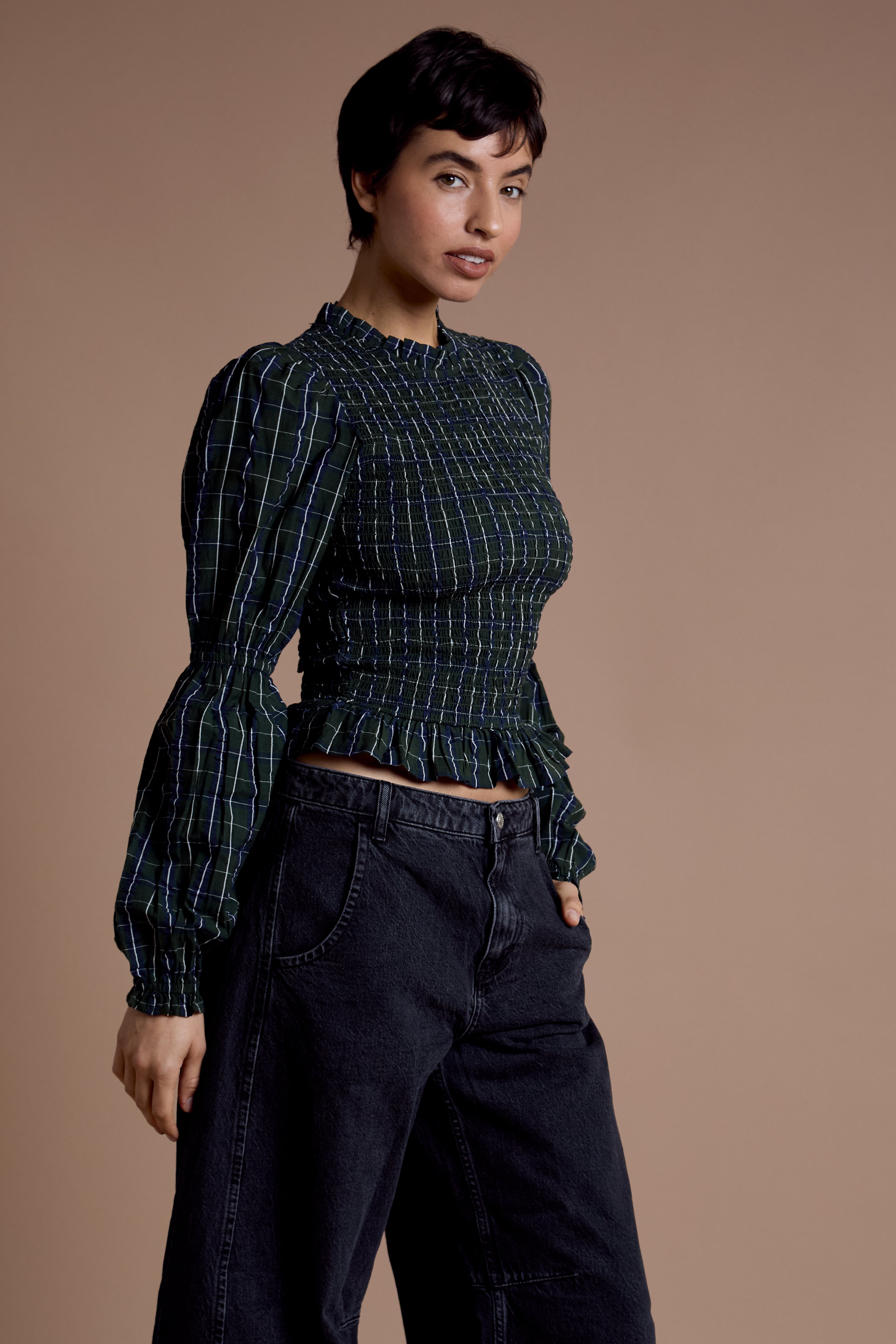 Mae Shirred Check Blouse