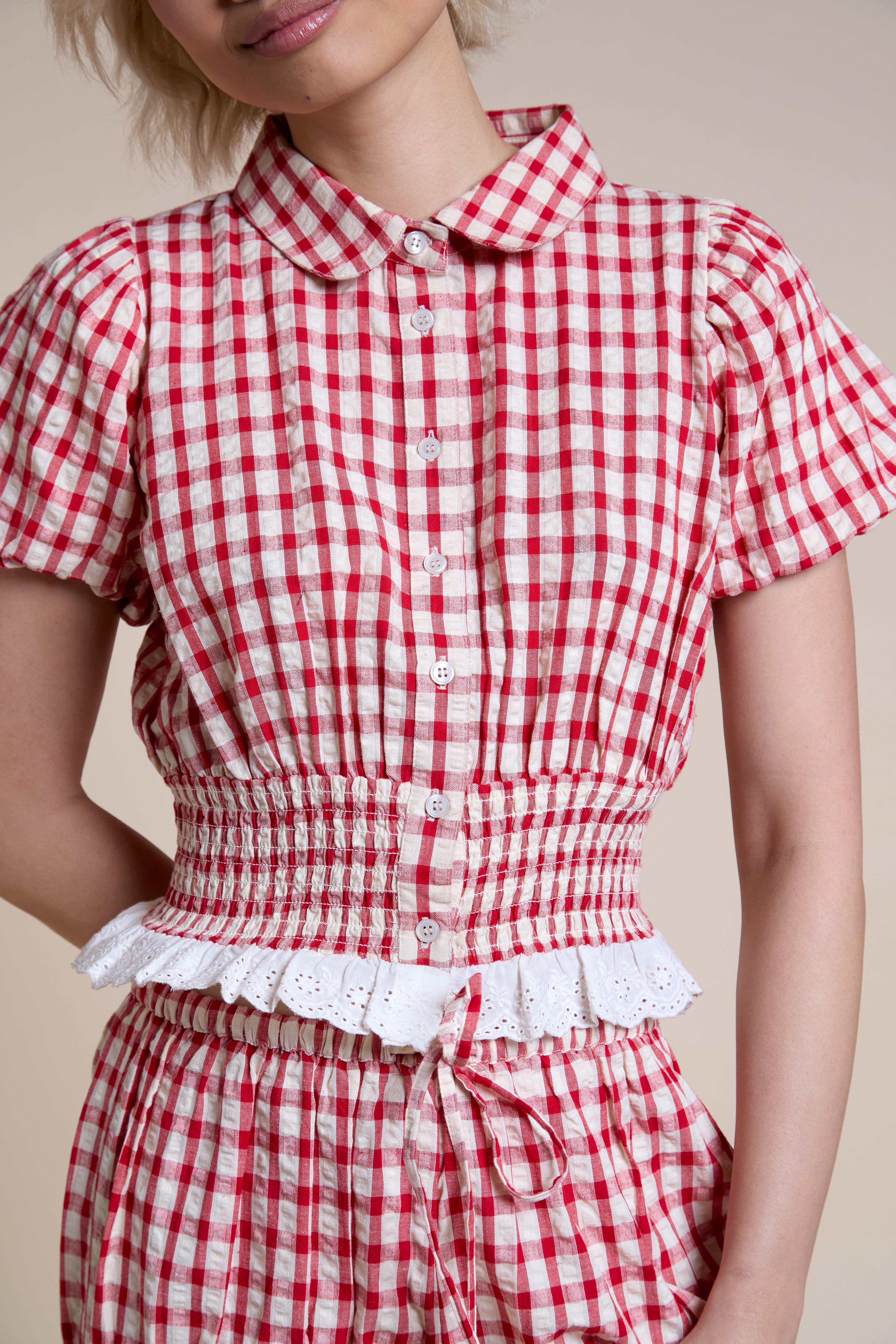 Thea Shirred Collared Ruffle Check Top
