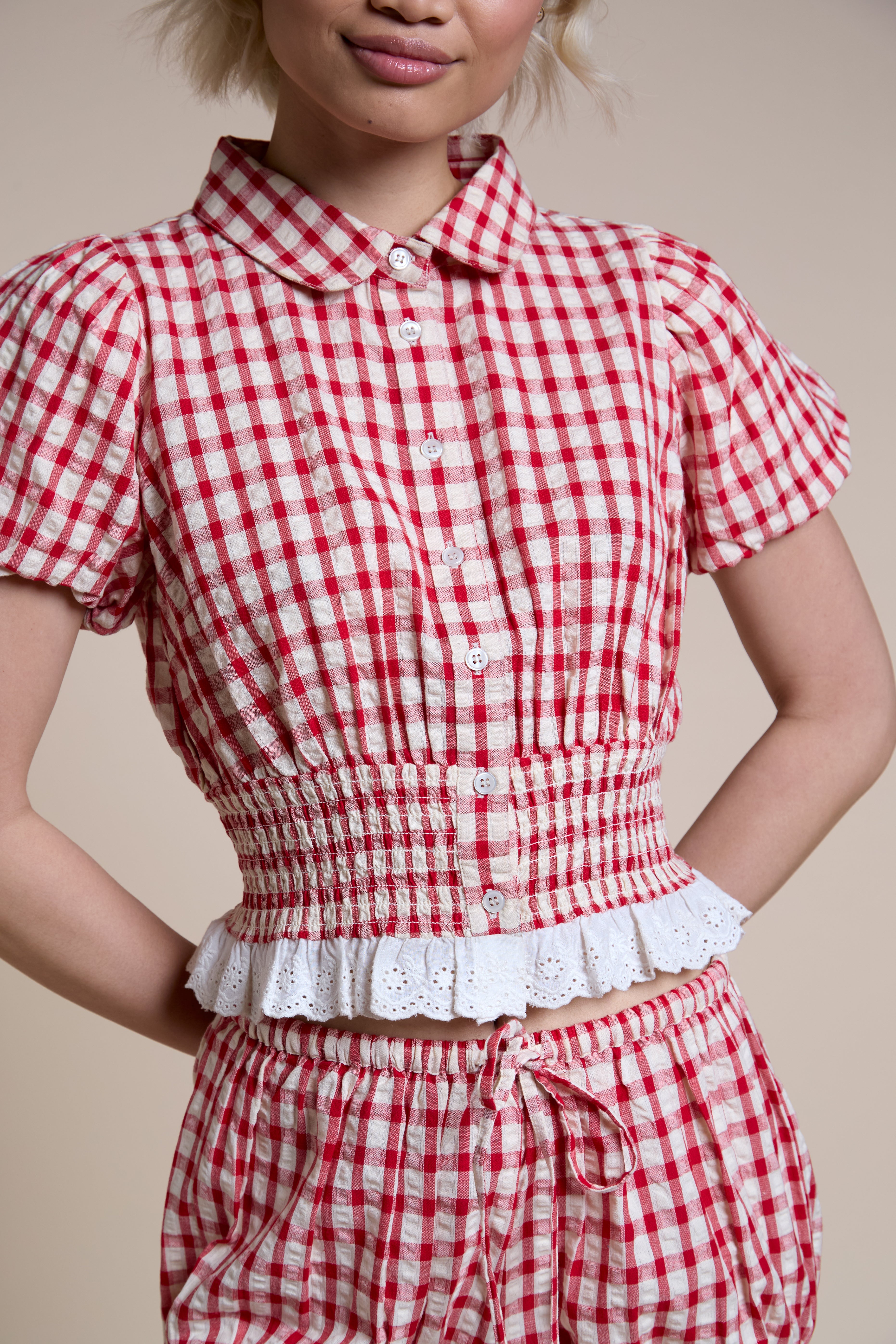 Thea Shirred Collared Ruffle Check Top