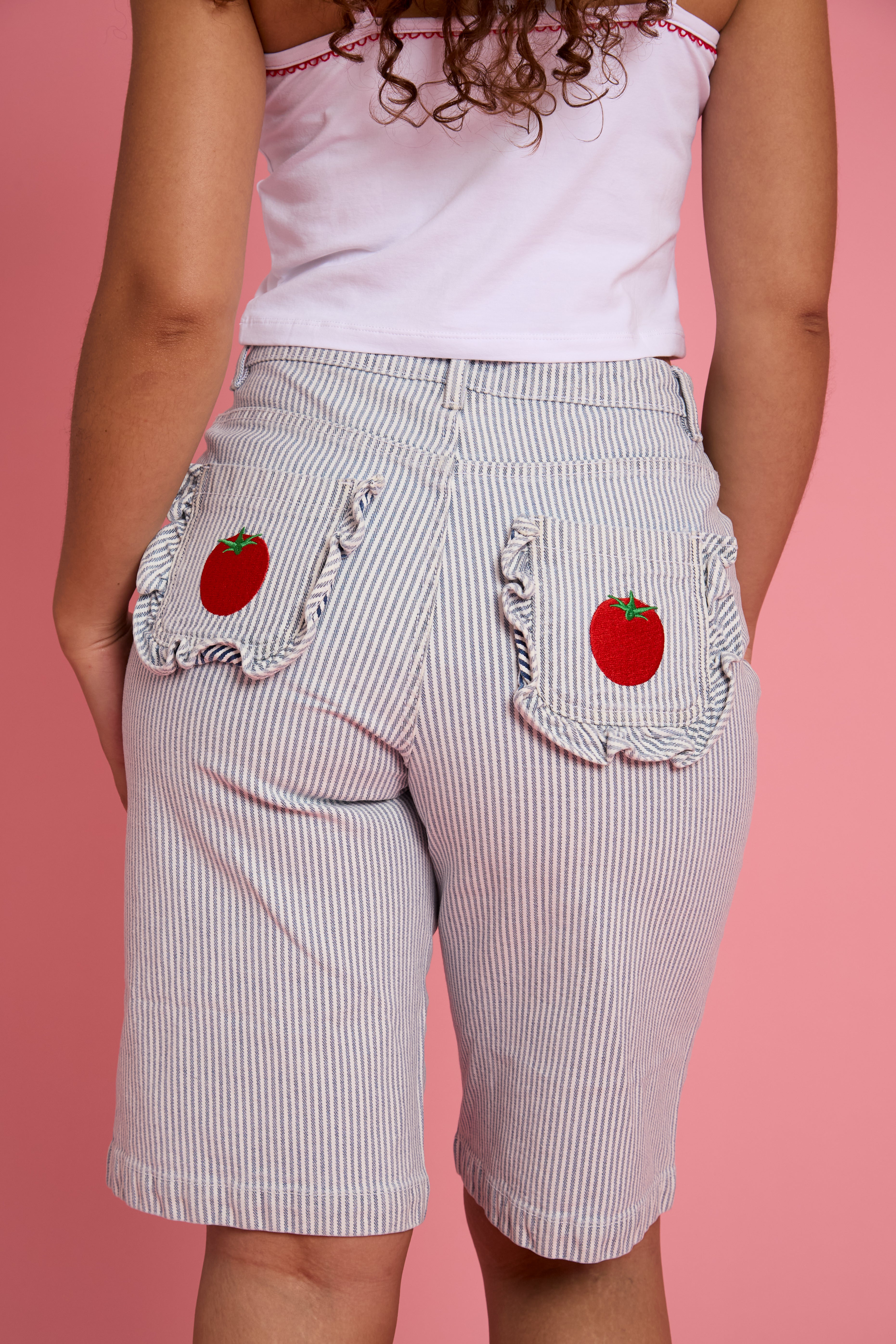 Nova Tomato Embroidered Stripe Denim Jorts