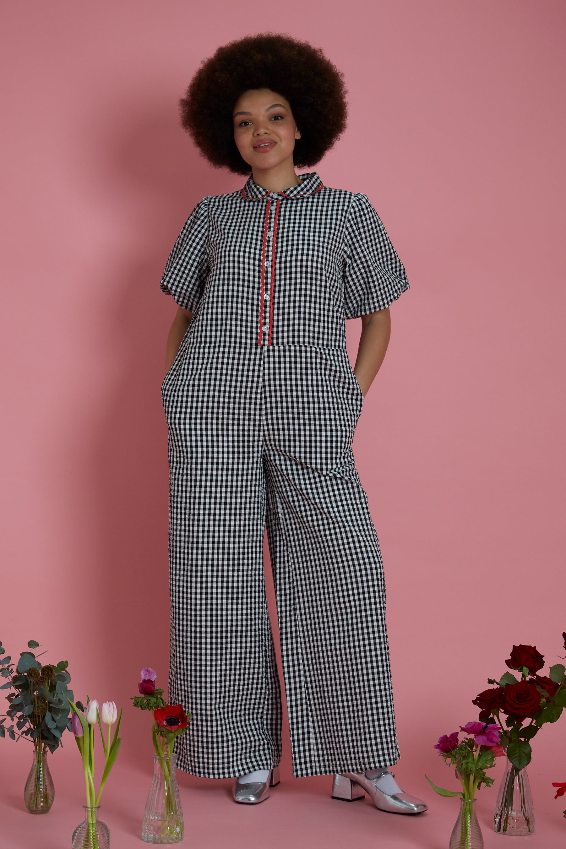 Piper Wide Leg Gingham Jumpsuit - Curve
