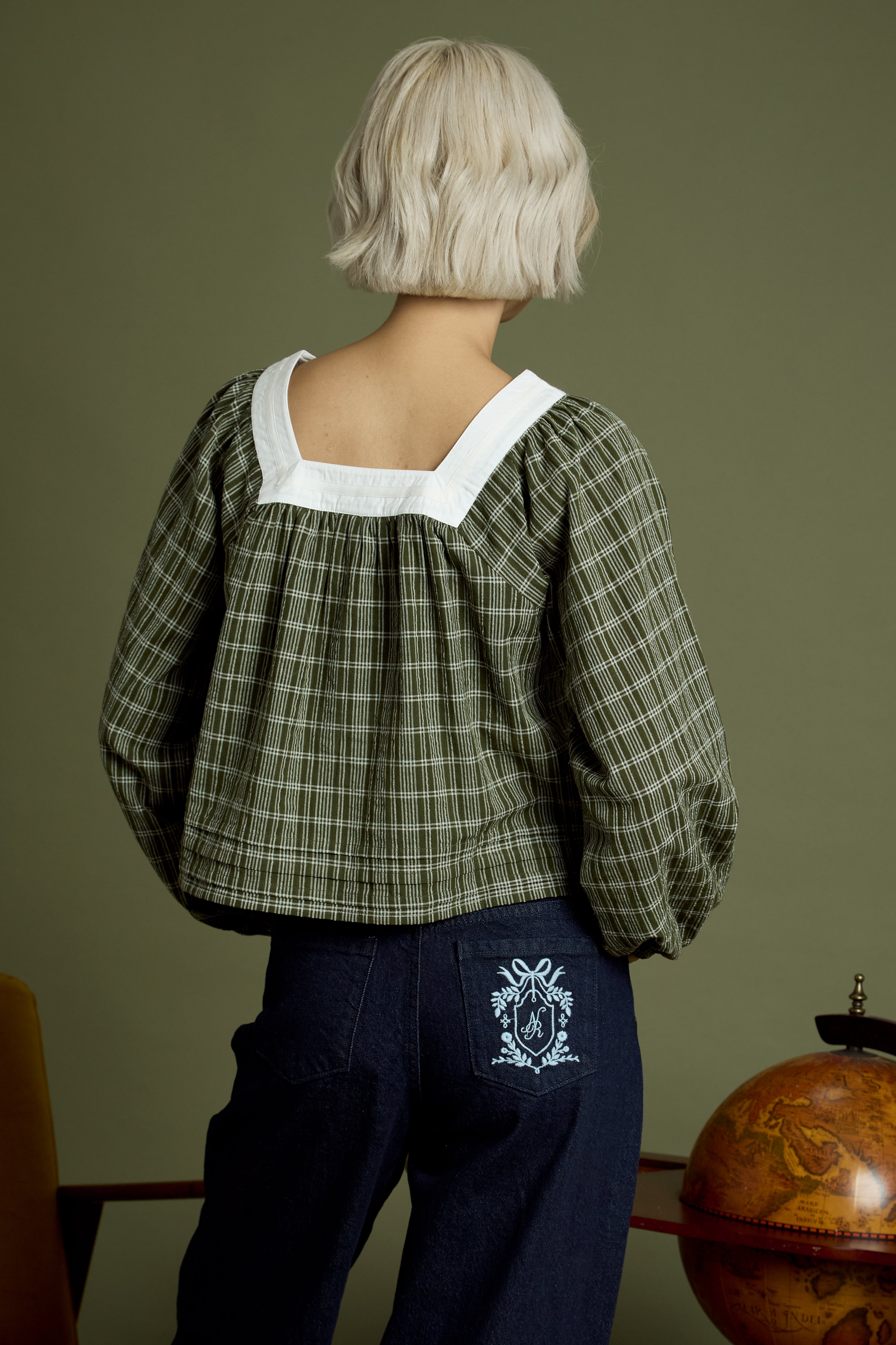Flora Check Square Collar Balloon Sleeve Blouse