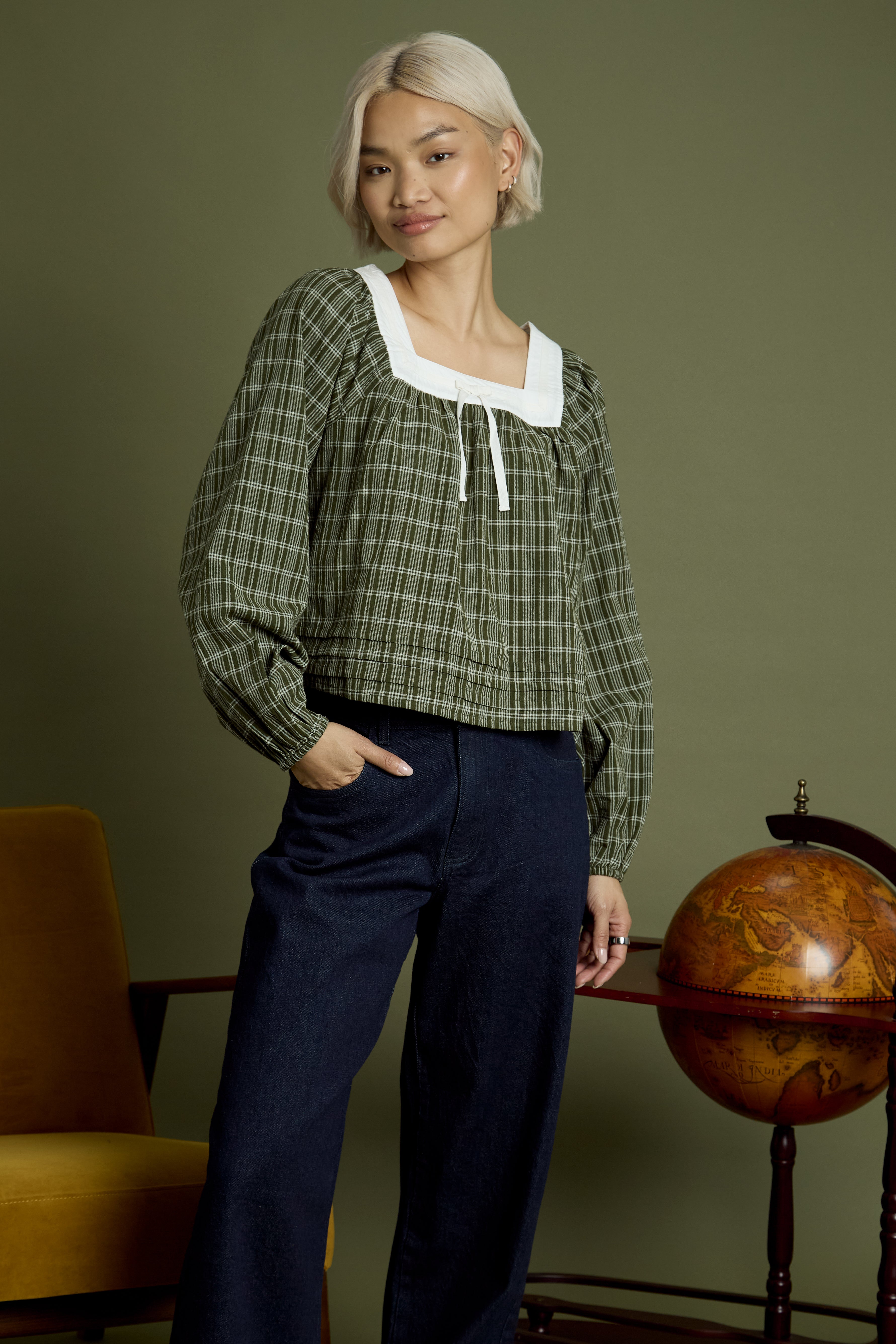 Flora Check Square Collar Balloon Sleeve Blouse