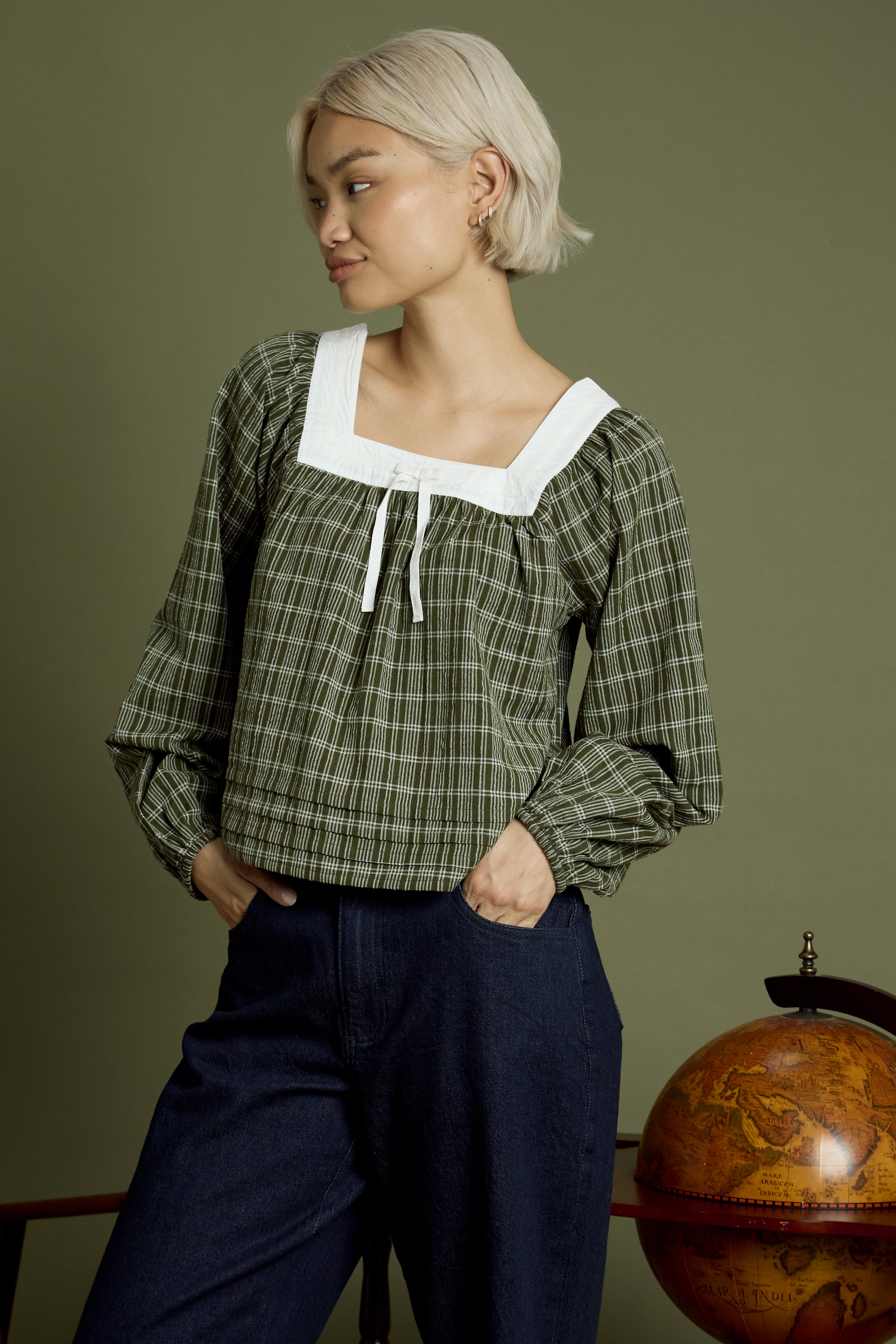 Flora Check Square Collar Balloon Sleeve Blouse