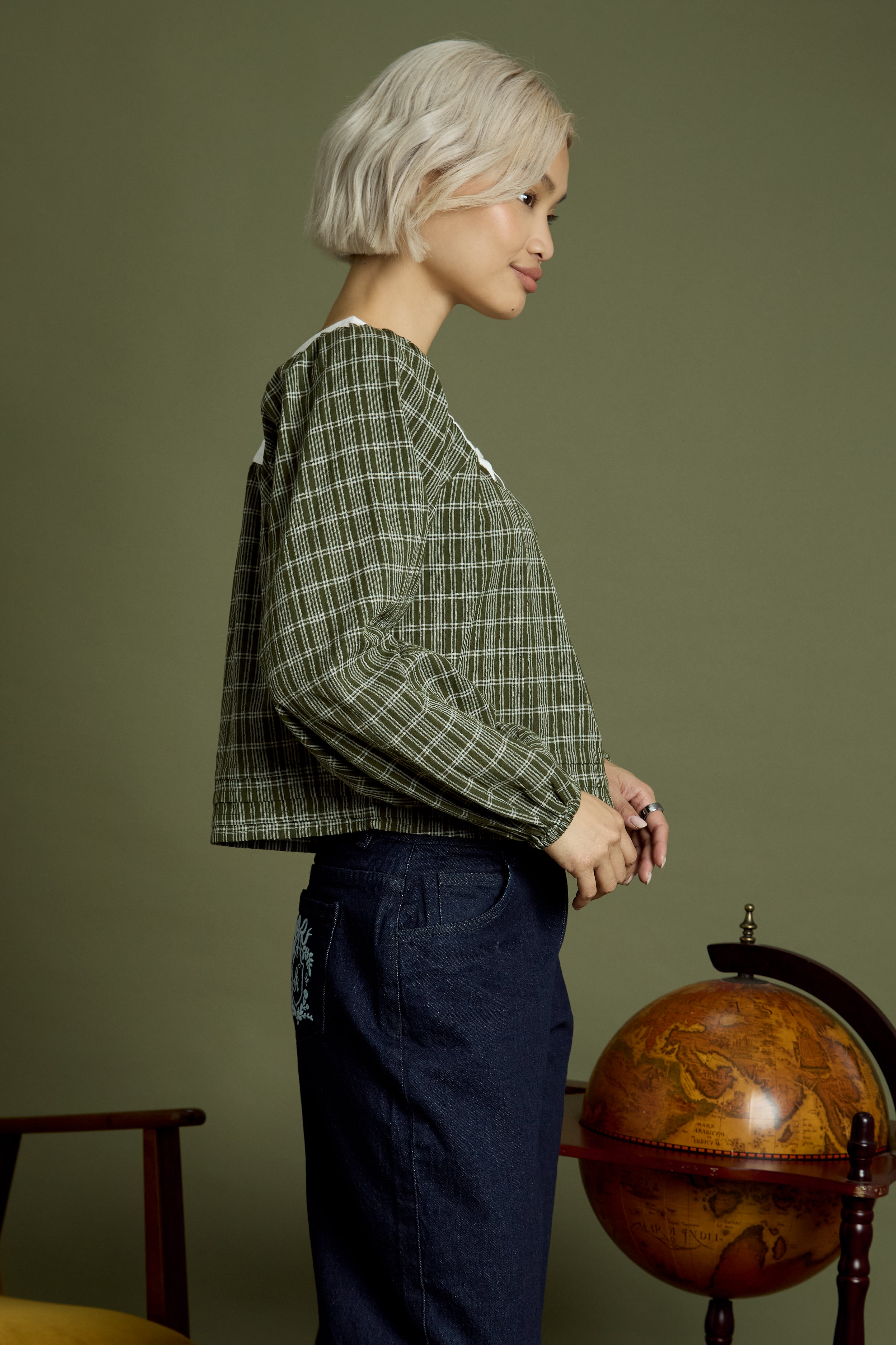 Flora Check Square Collar Balloon Sleeve Blouse