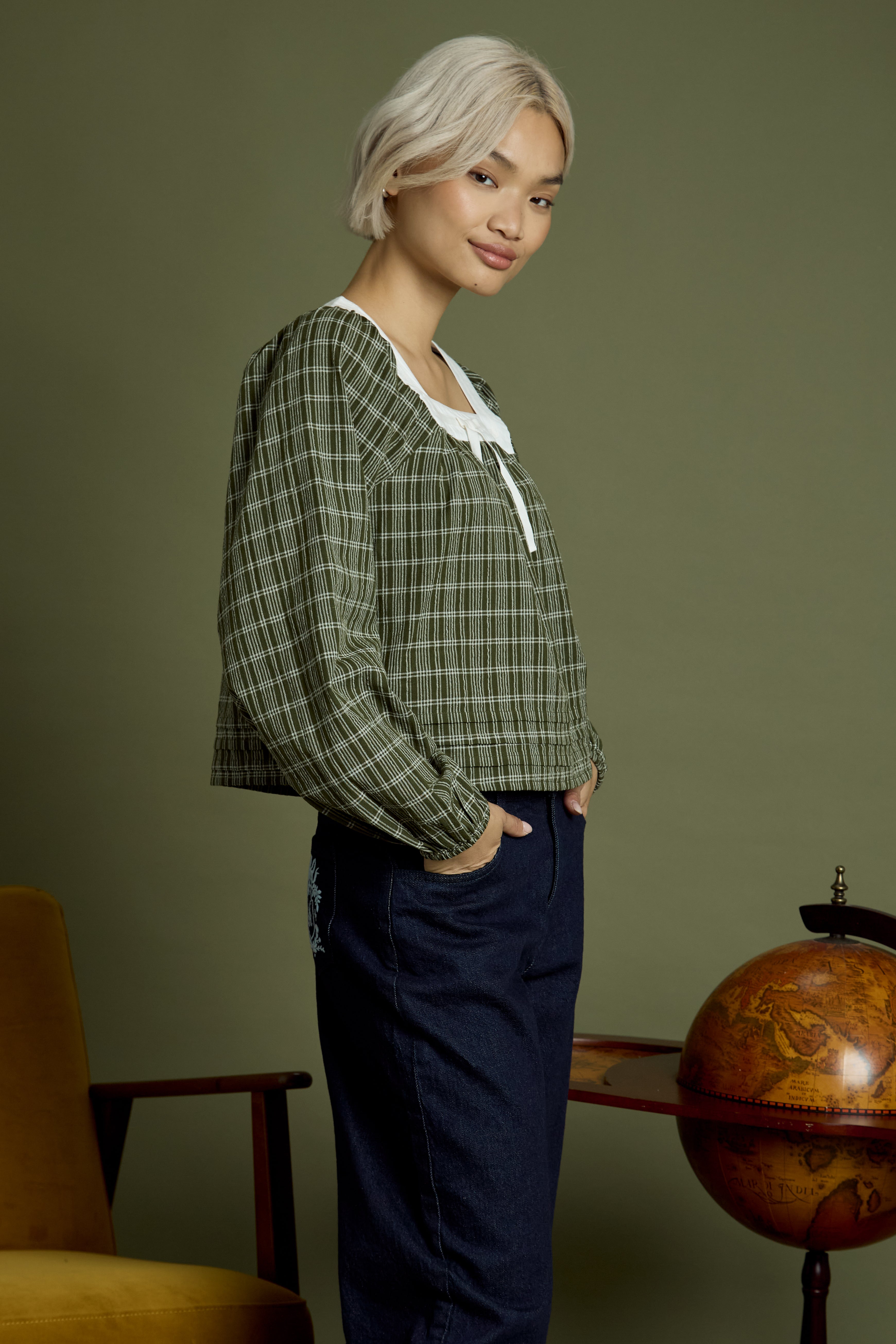 Flora Check Square Collar Balloon Sleeve Blouse