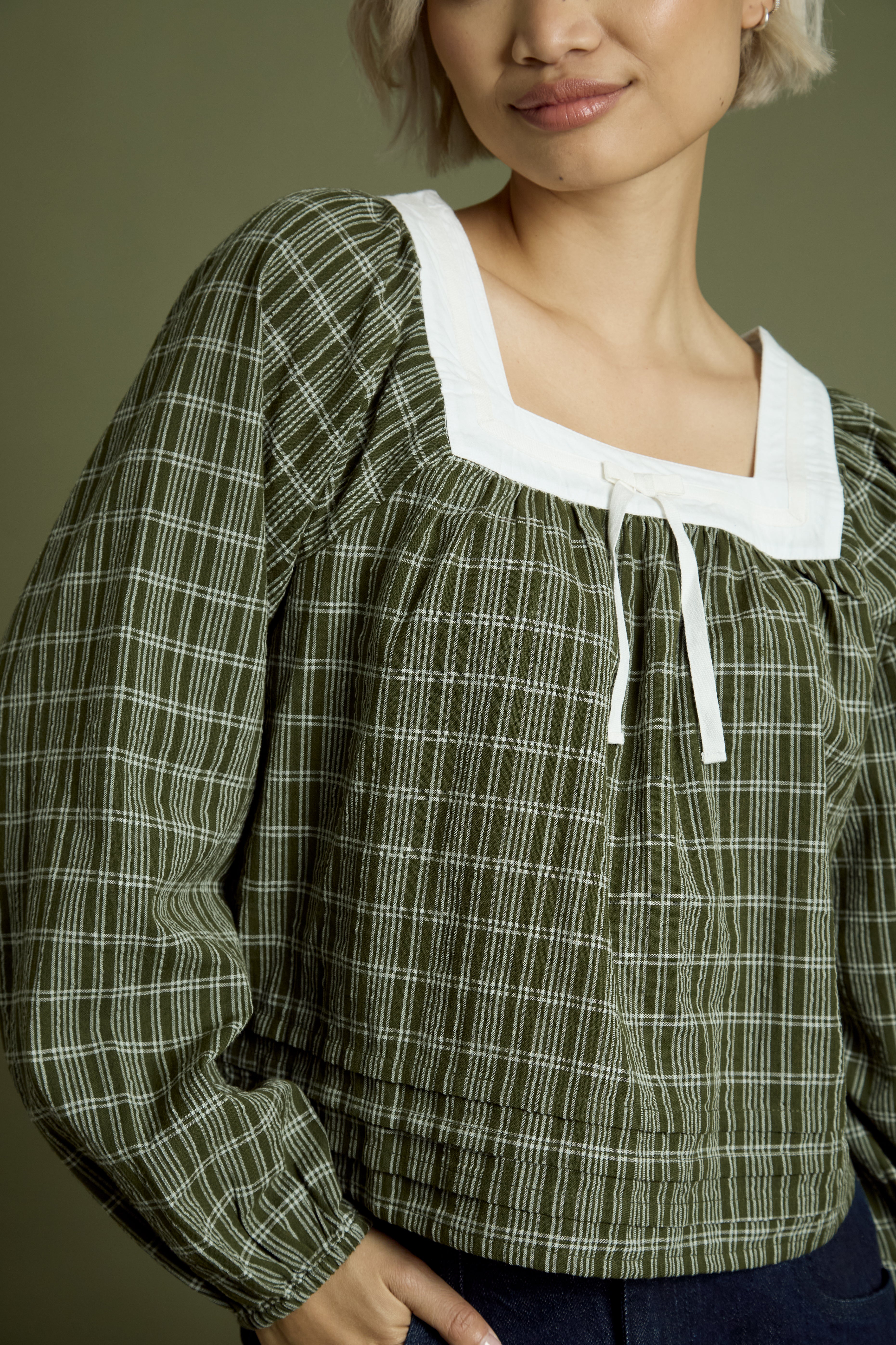 Flora Check Square Collar Balloon Sleeve Blouse