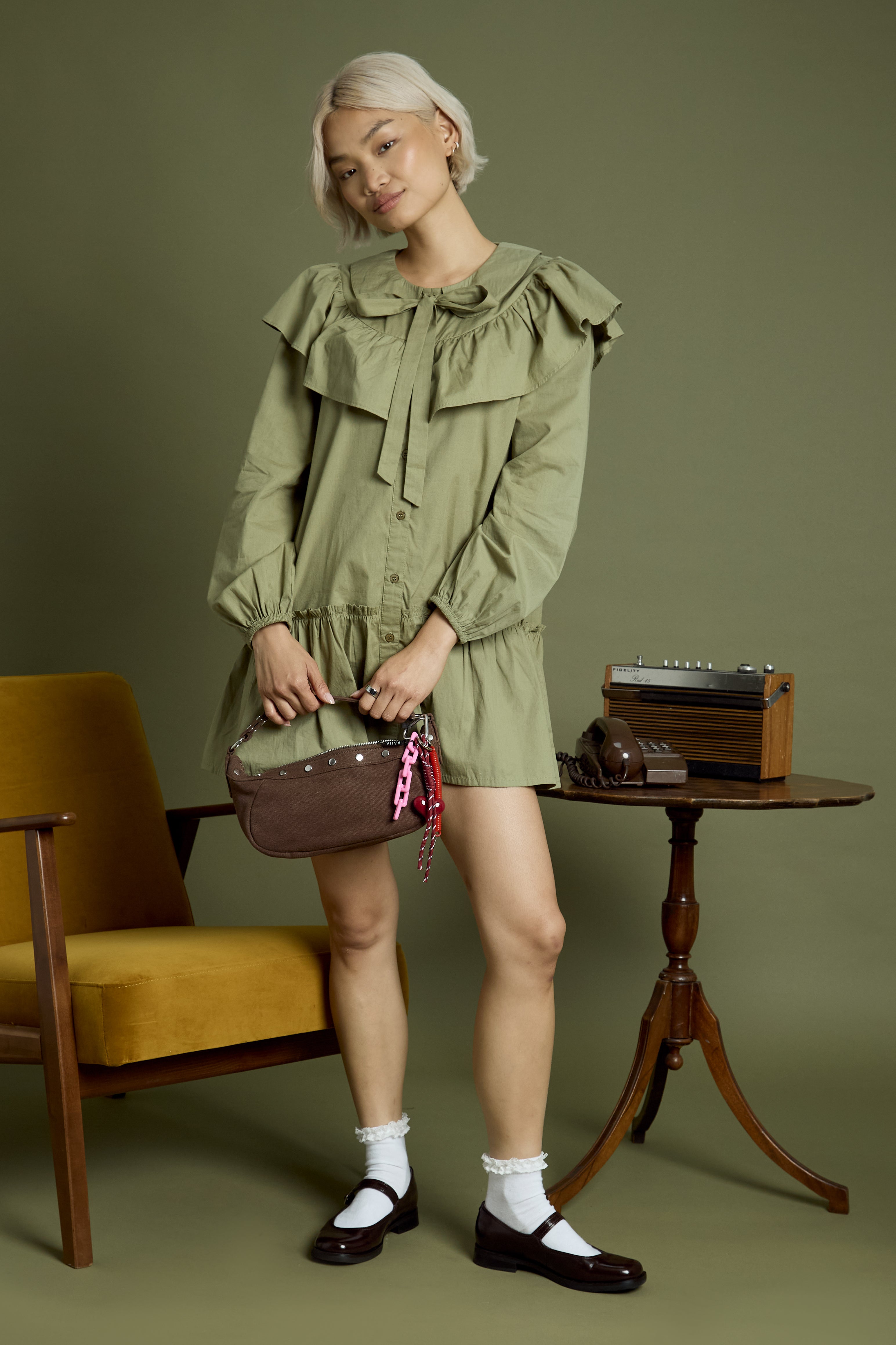 Olive Ruffle Collar Smock Dress