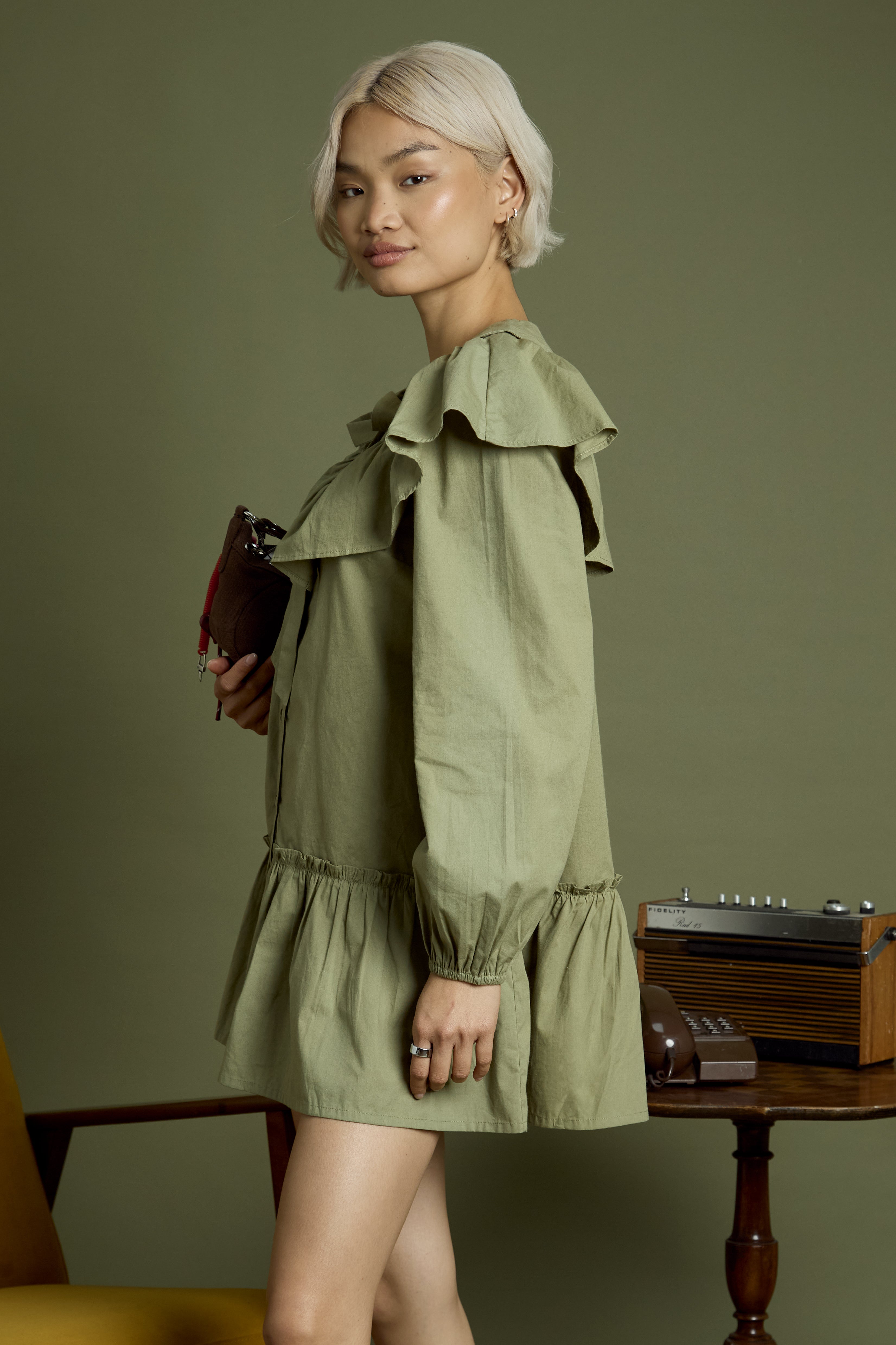 Olive Ruffle Collar Smock Dress