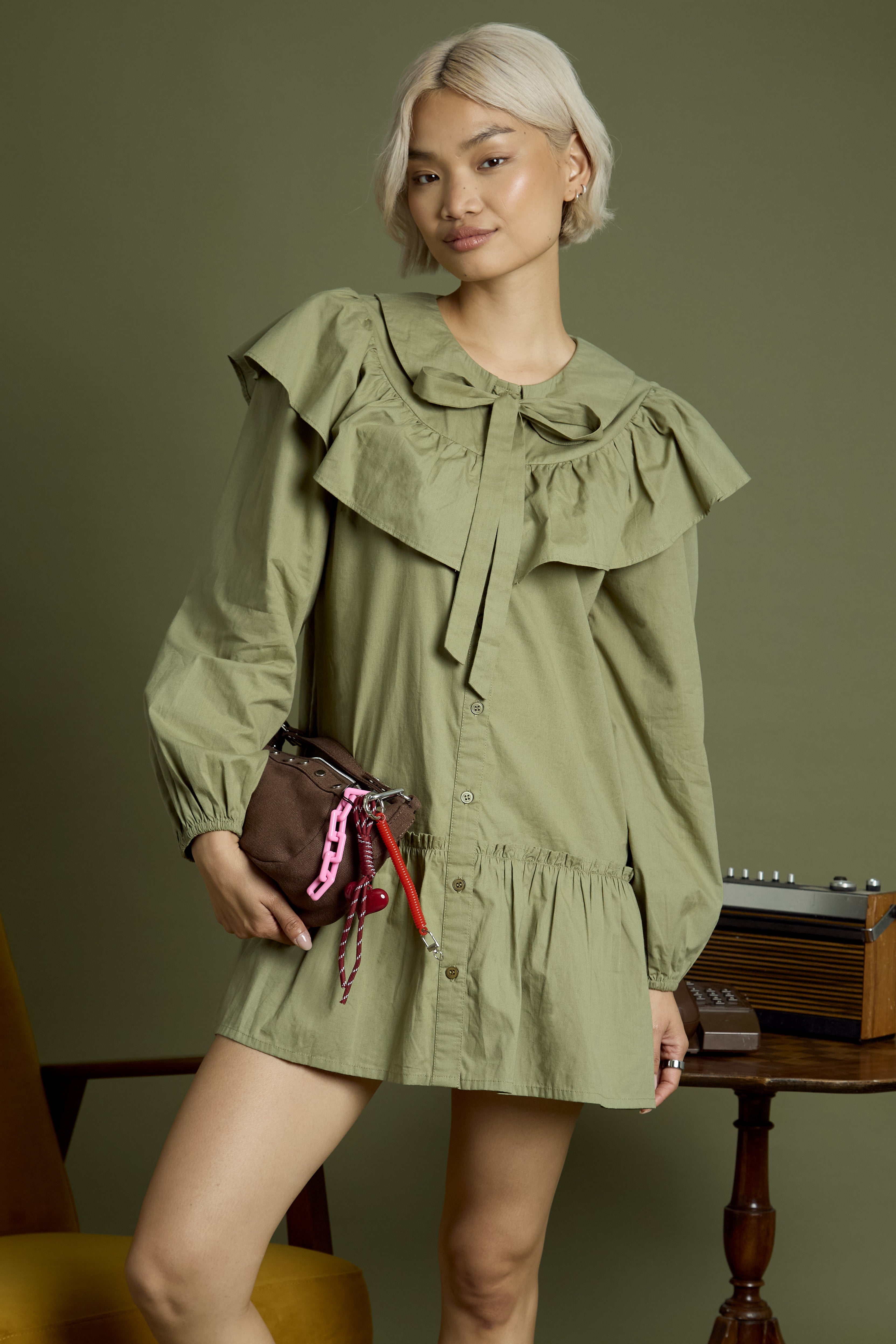 Olive Ruffle Collar Smock Dress