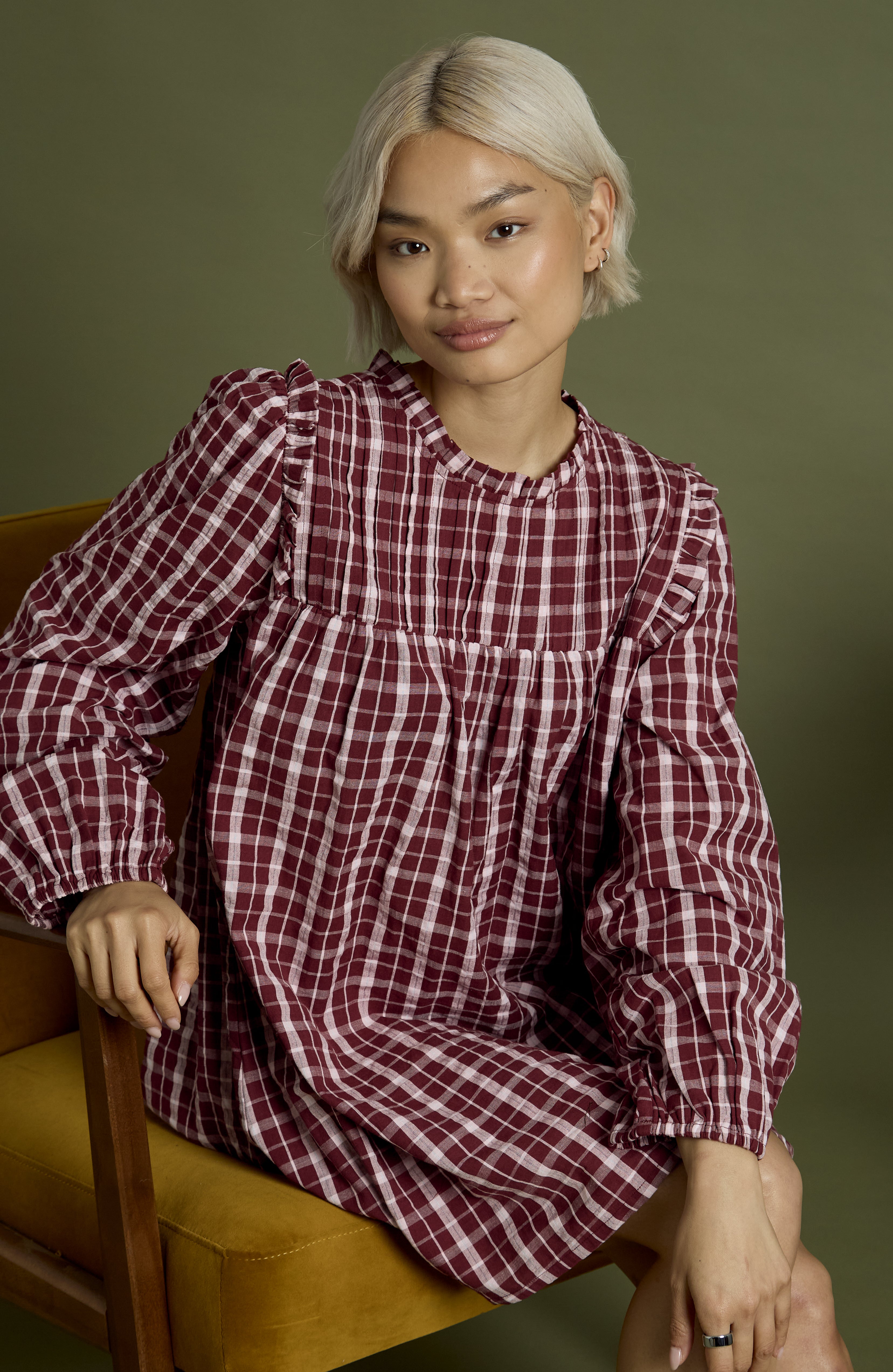 Mia High Neck Textured Check Mini Smock Dress
