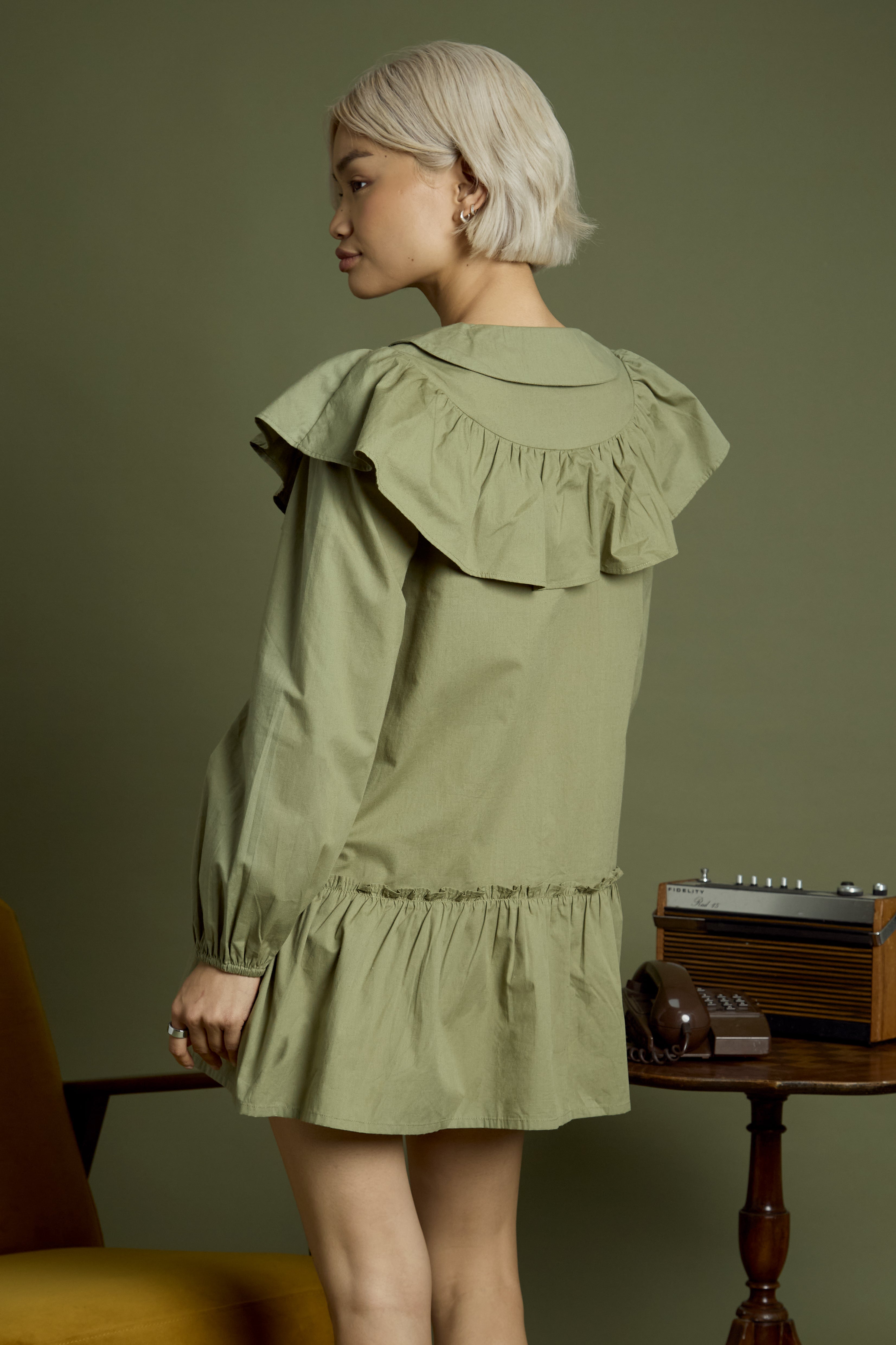 Olive Ruffle Collar Smock Dress