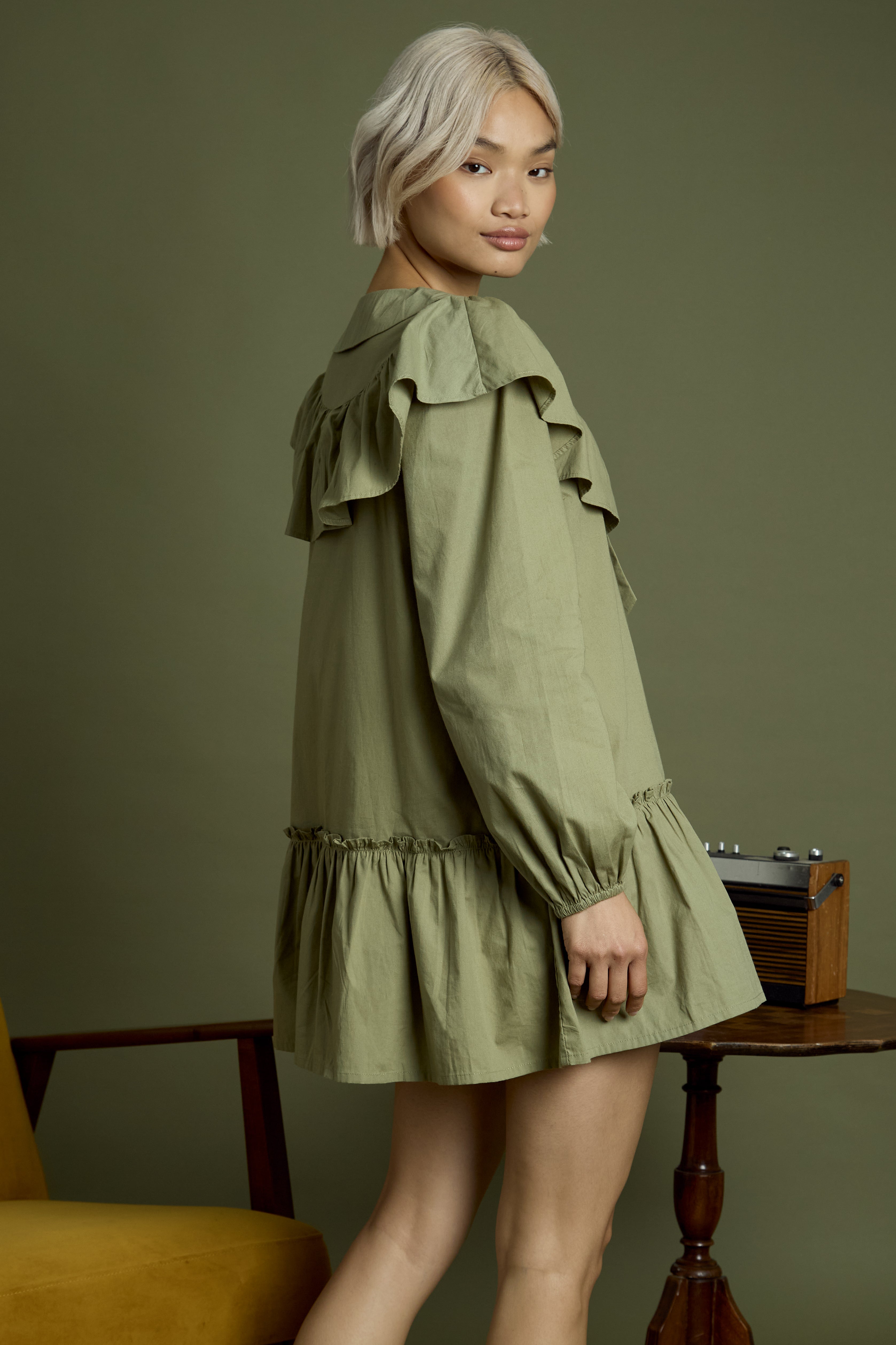 Olive Ruffle Collar Smock Dress
