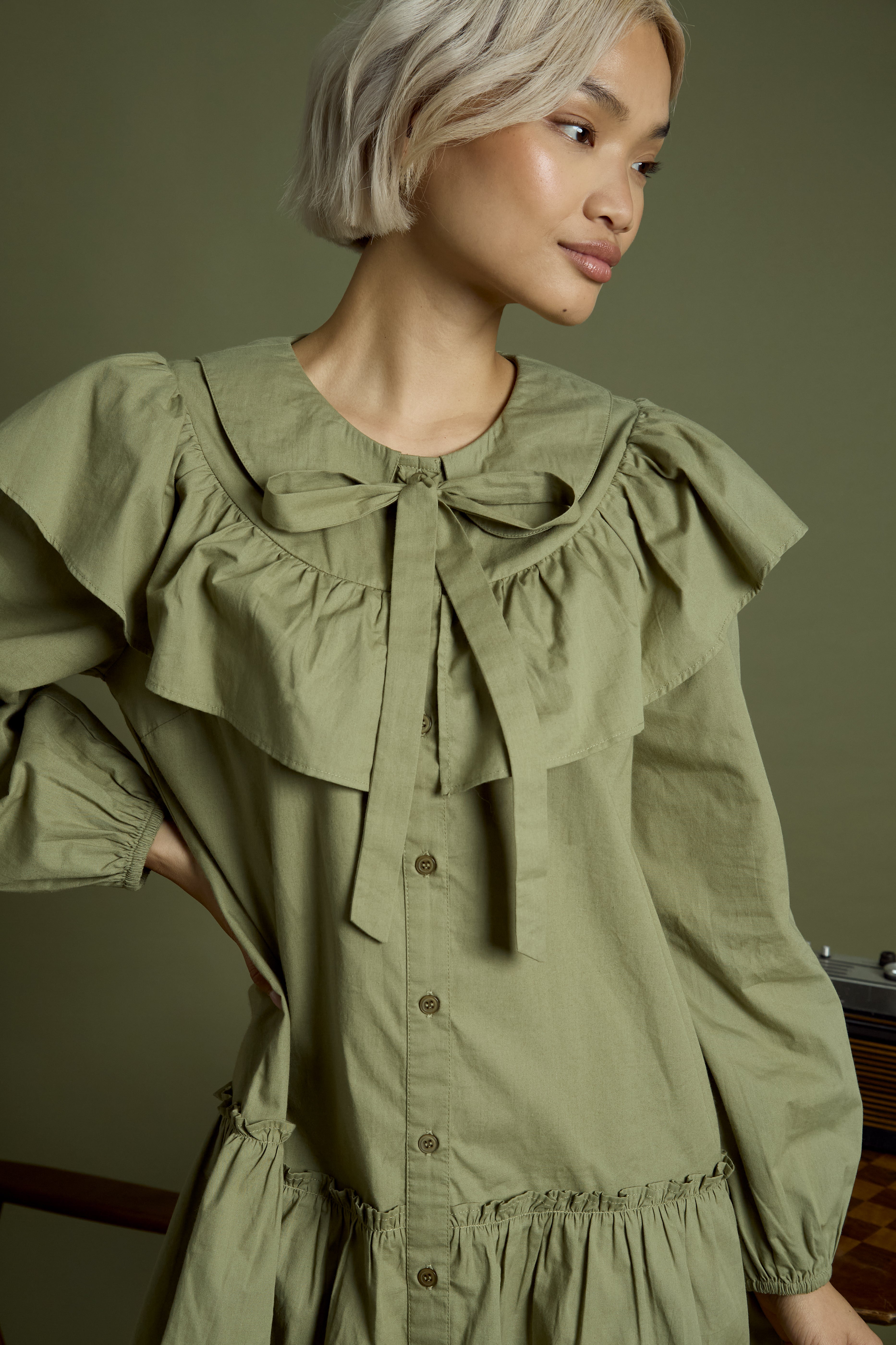 Olive Ruffle Collar Smock Dress