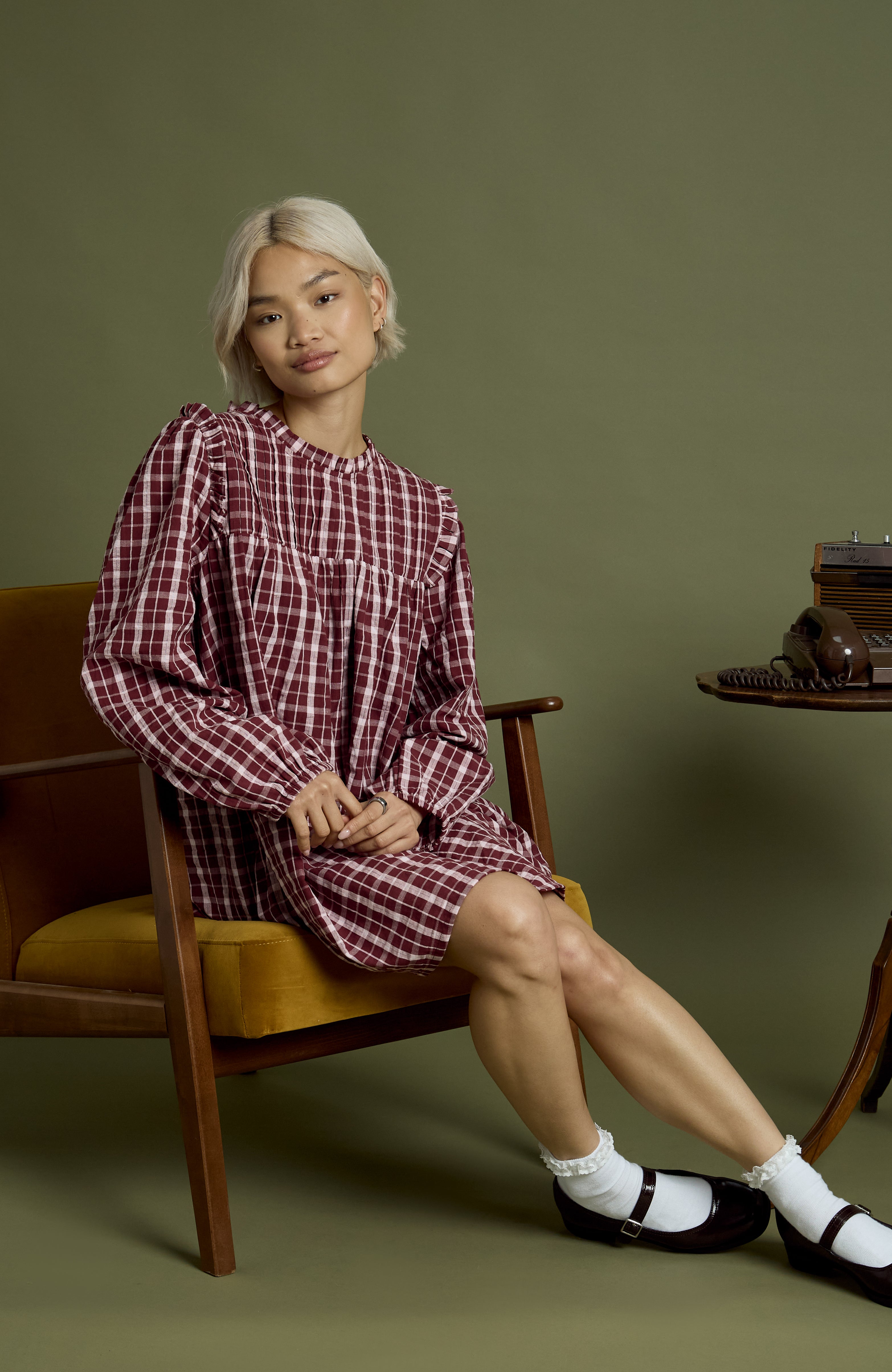 Mia High Neck Textured Check Mini Smock Dress
