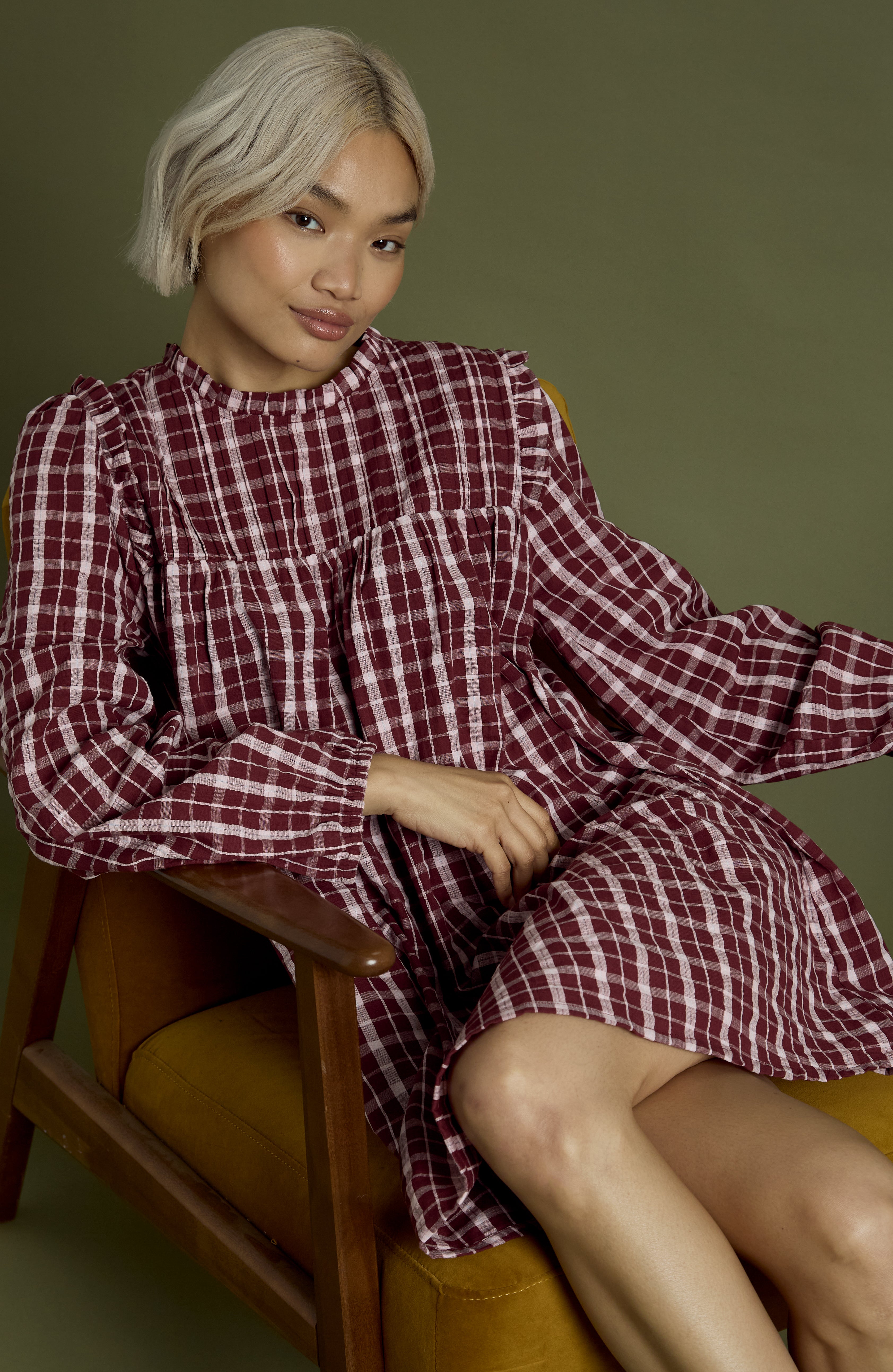 Mia High Neck Textured Check Mini Smock Dress