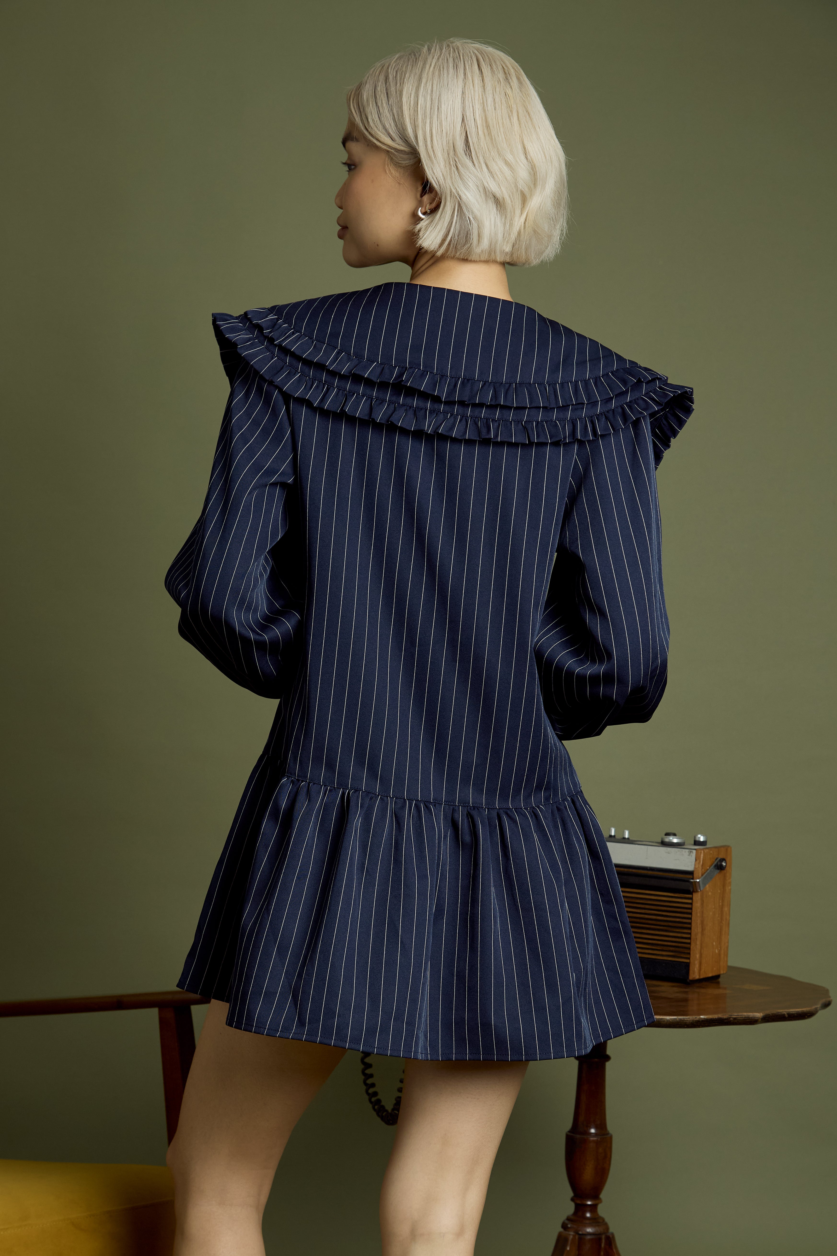 Vivienne Pinstripe Double Collar Mini Smock Dress
