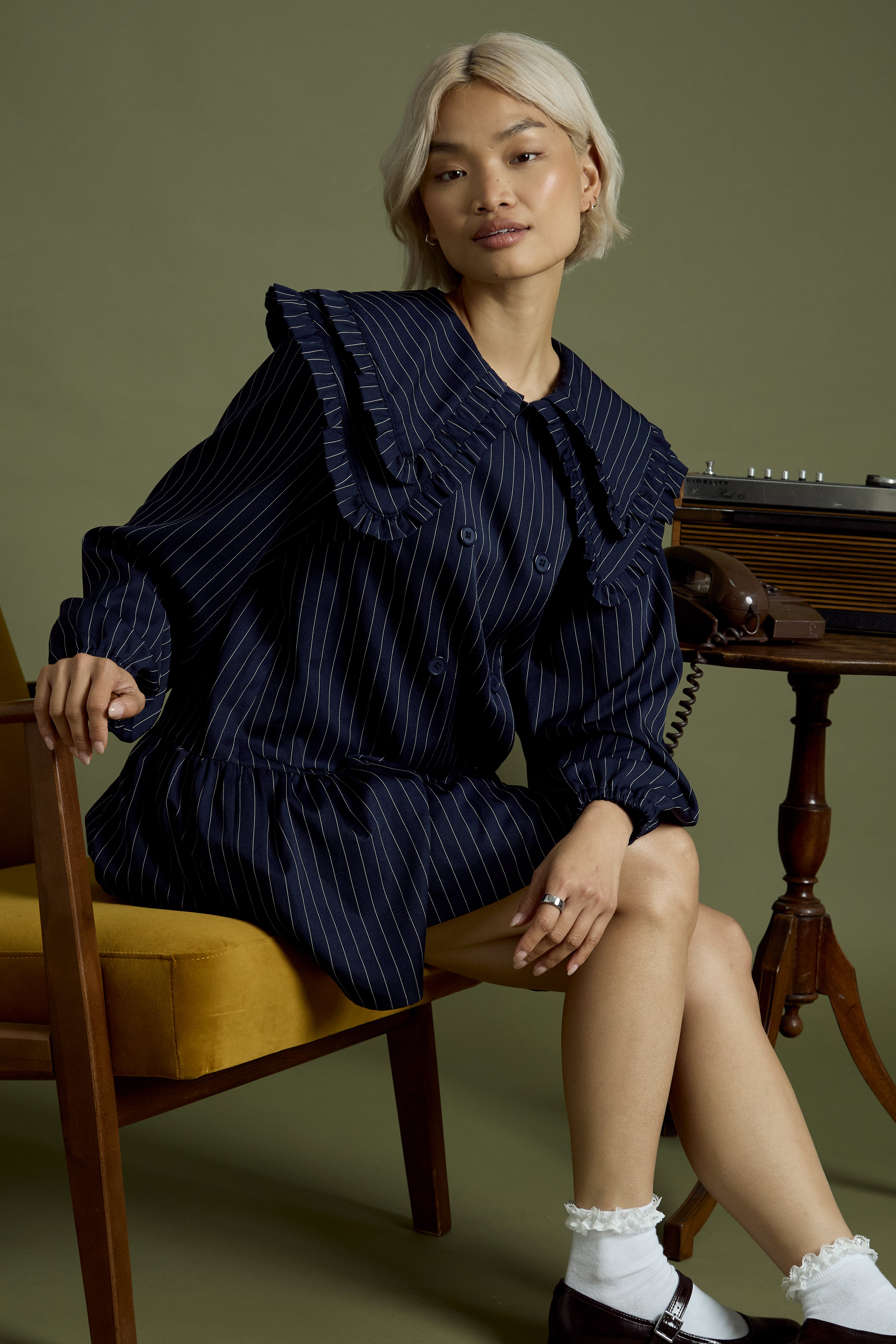 Vivienne Pinstripe Double Collar Mini Smock Dress