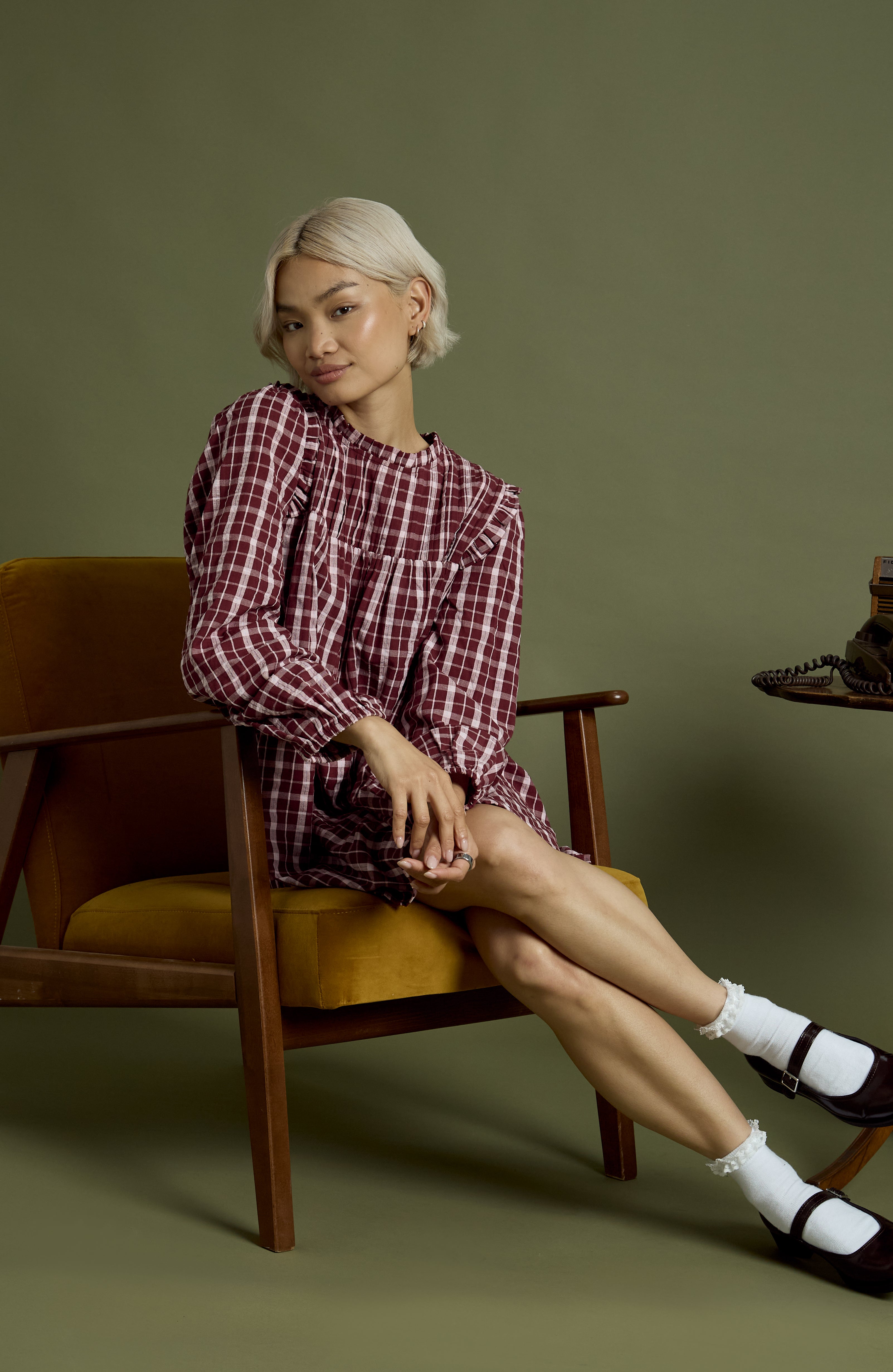 Mia High Neck Textured Check Mini Smock Dress