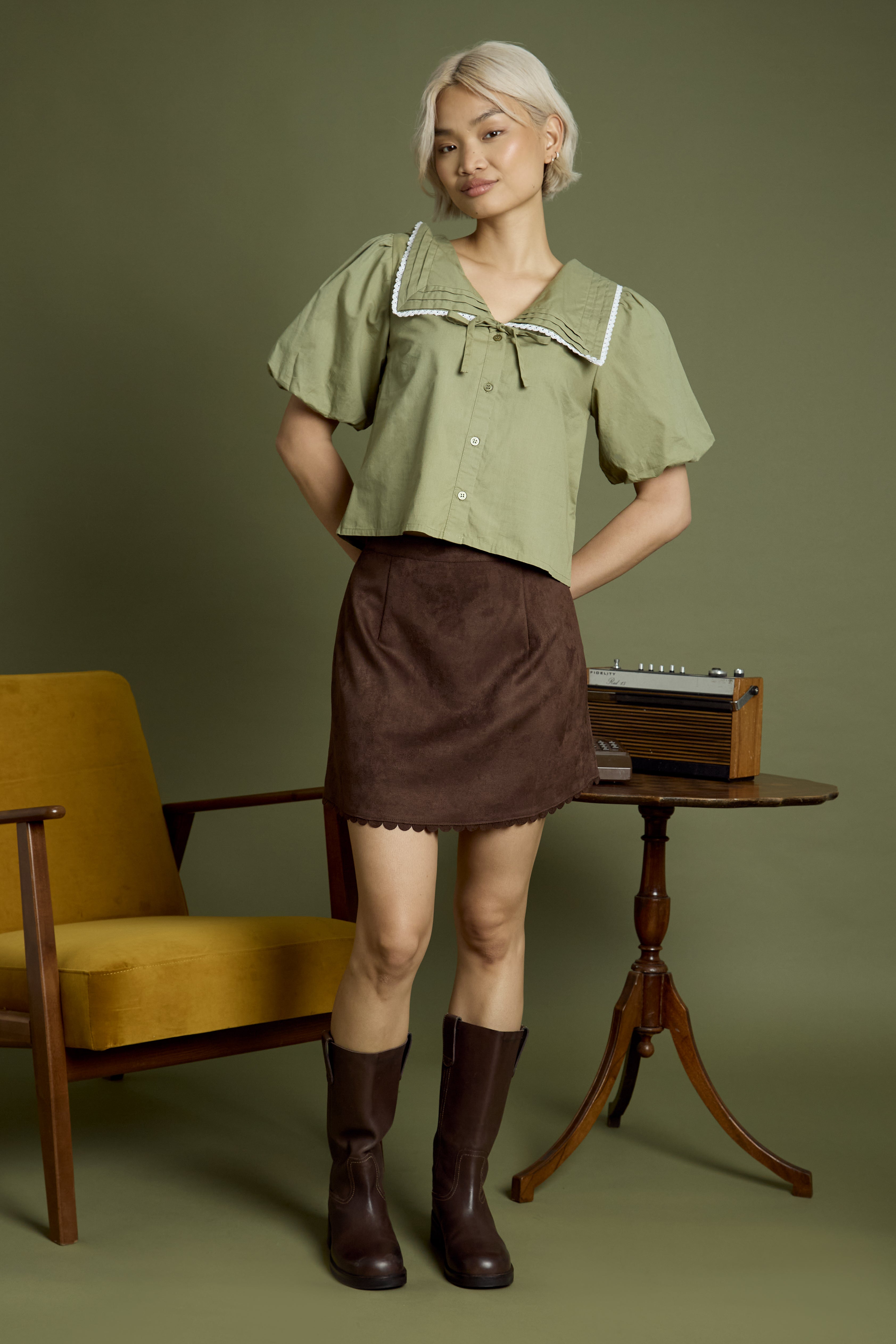 Olive Sailor Collar Puff Sleeve Blouse
