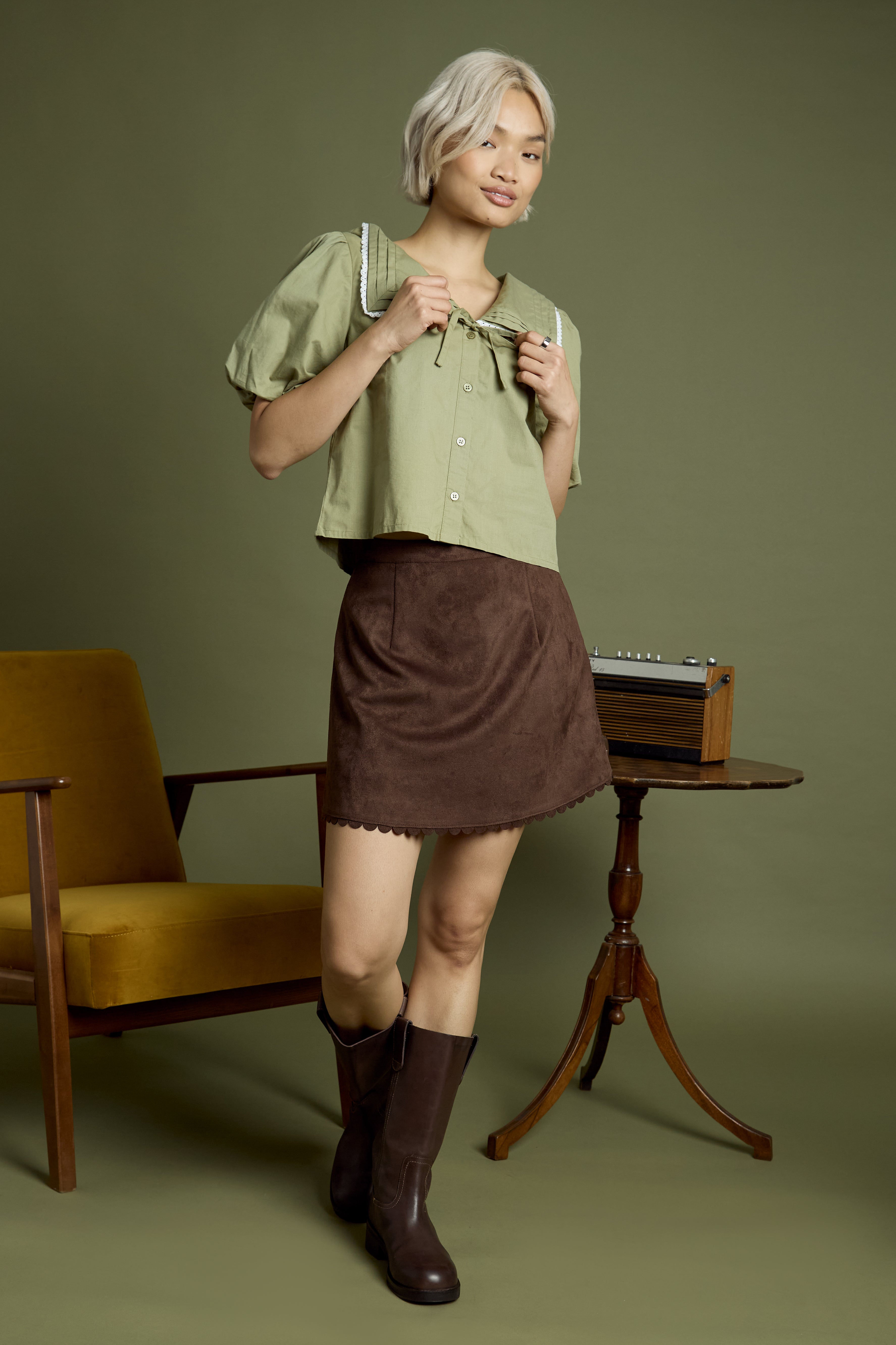 Olive Sailor Collar Puff Sleeve Blouse