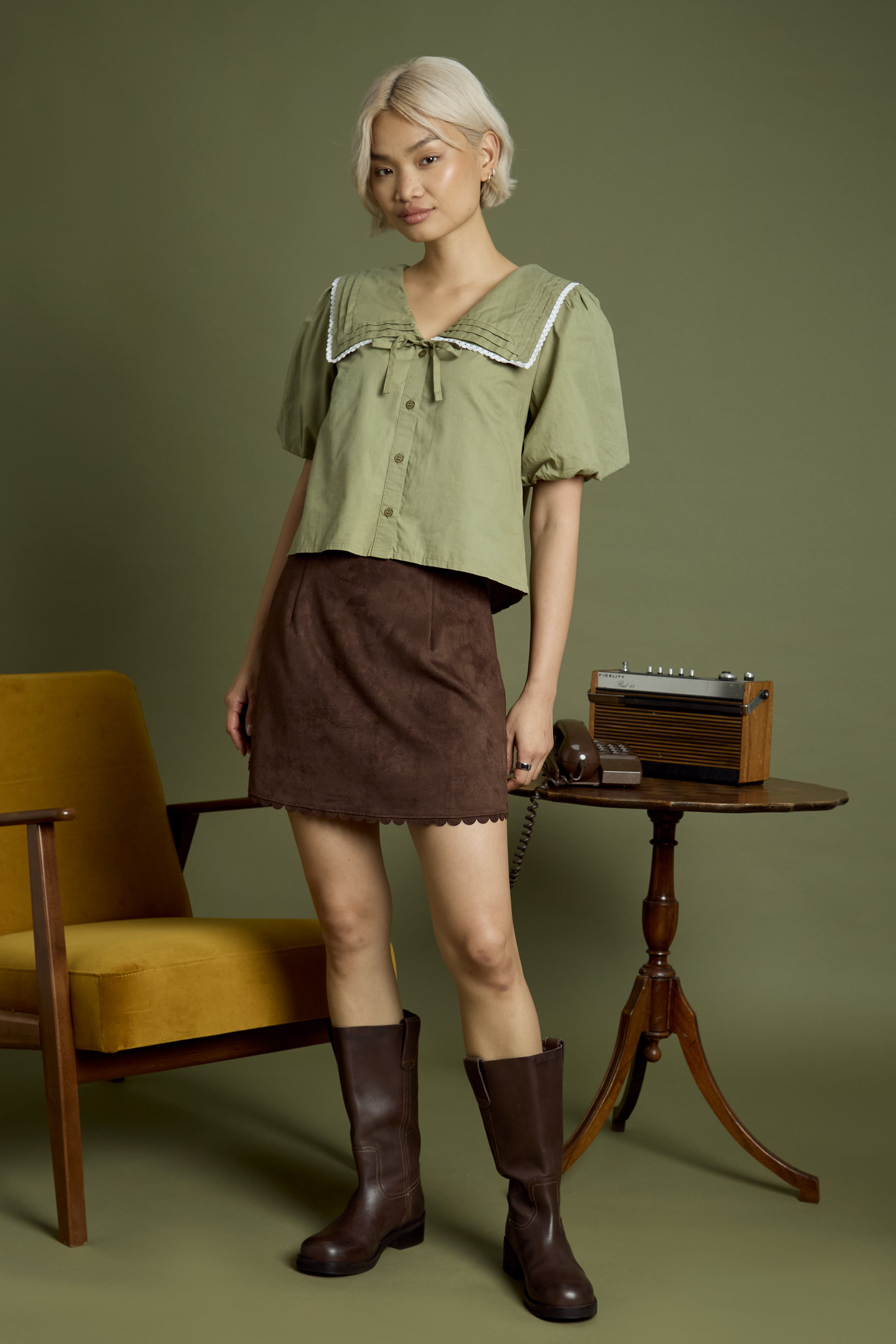 Olive Sailor Collar Puff Sleeve Blouse