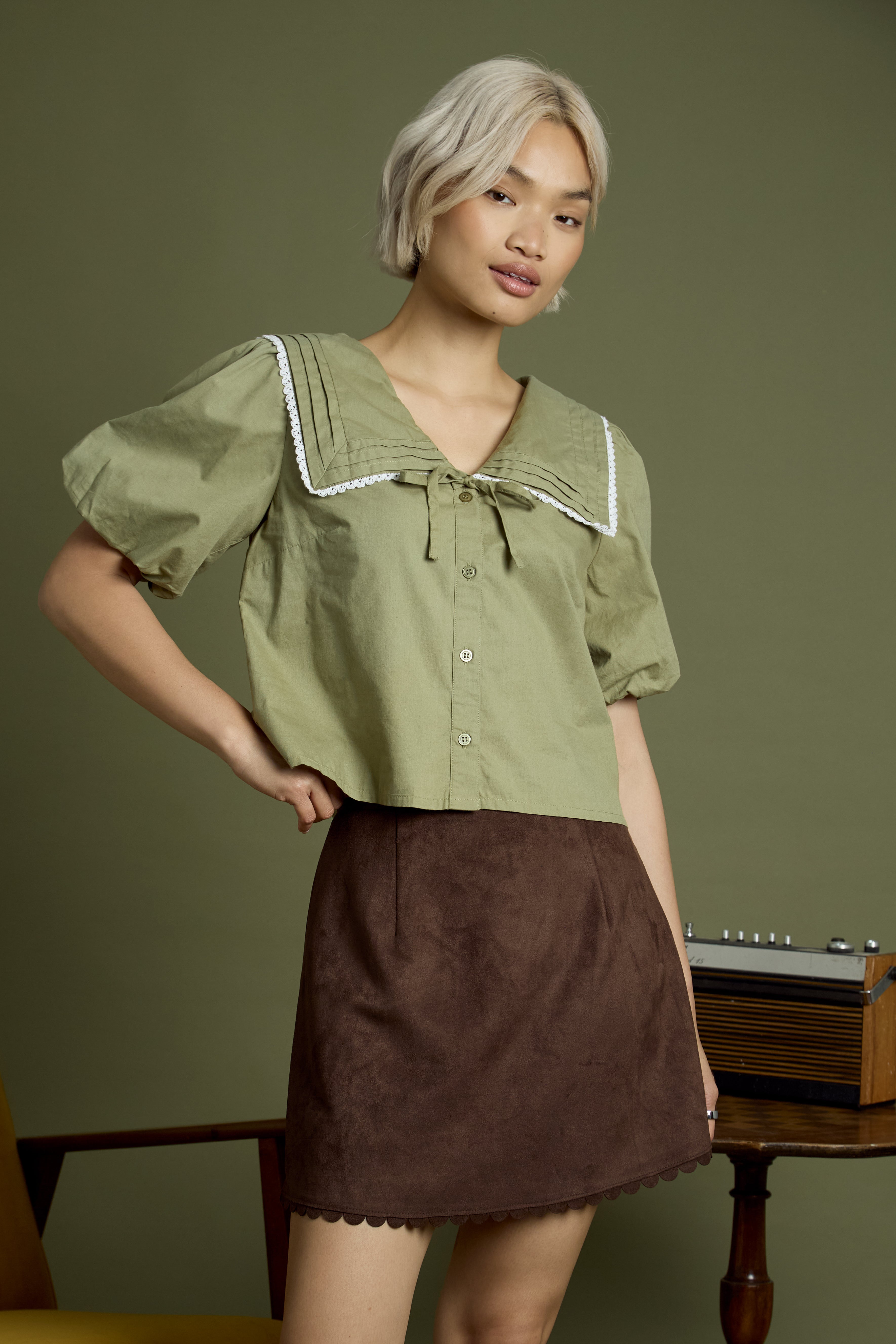 Olive Sailor Collar Puff Sleeve Blouse
