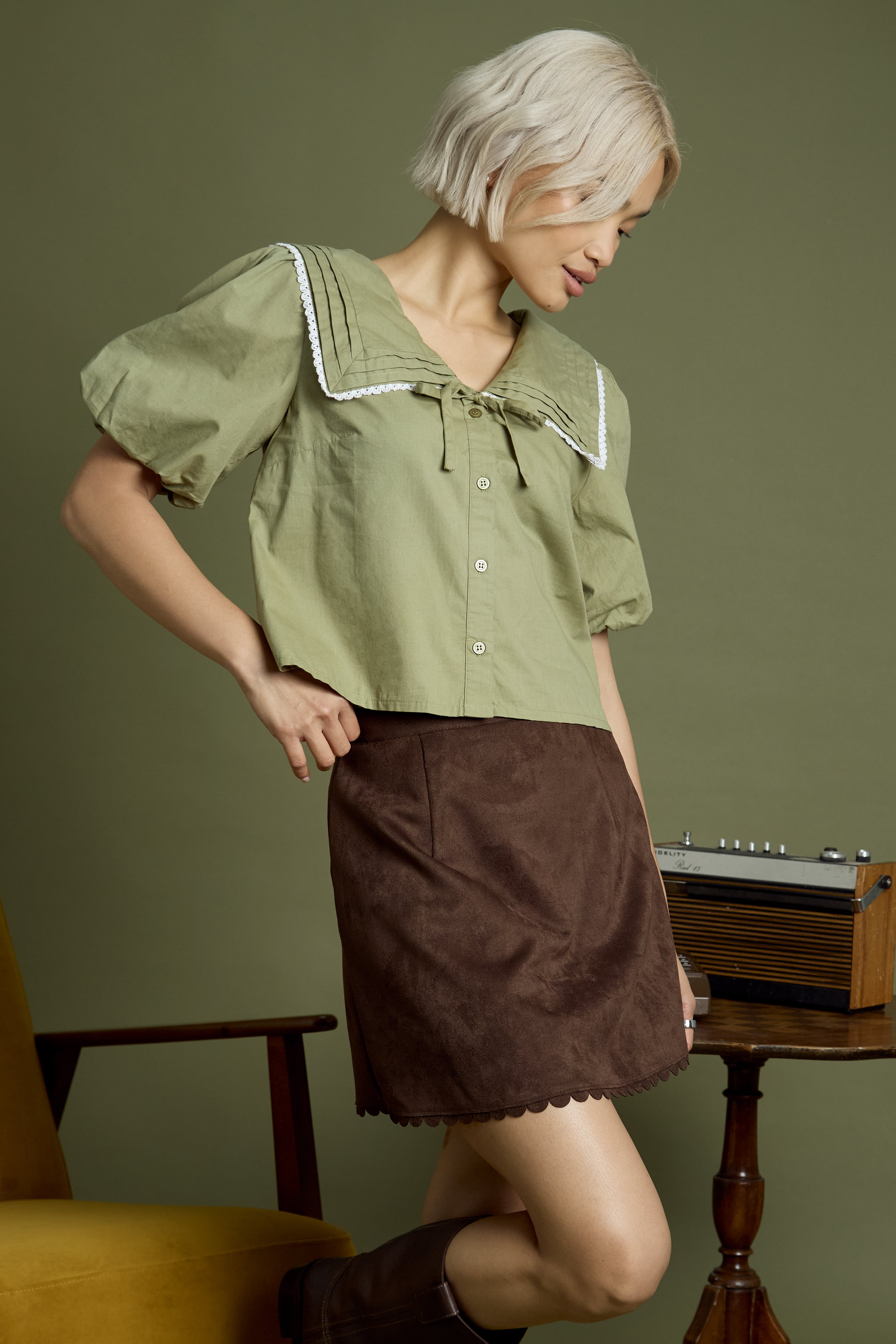 Olive Sailor Collar Puff Sleeve Blouse