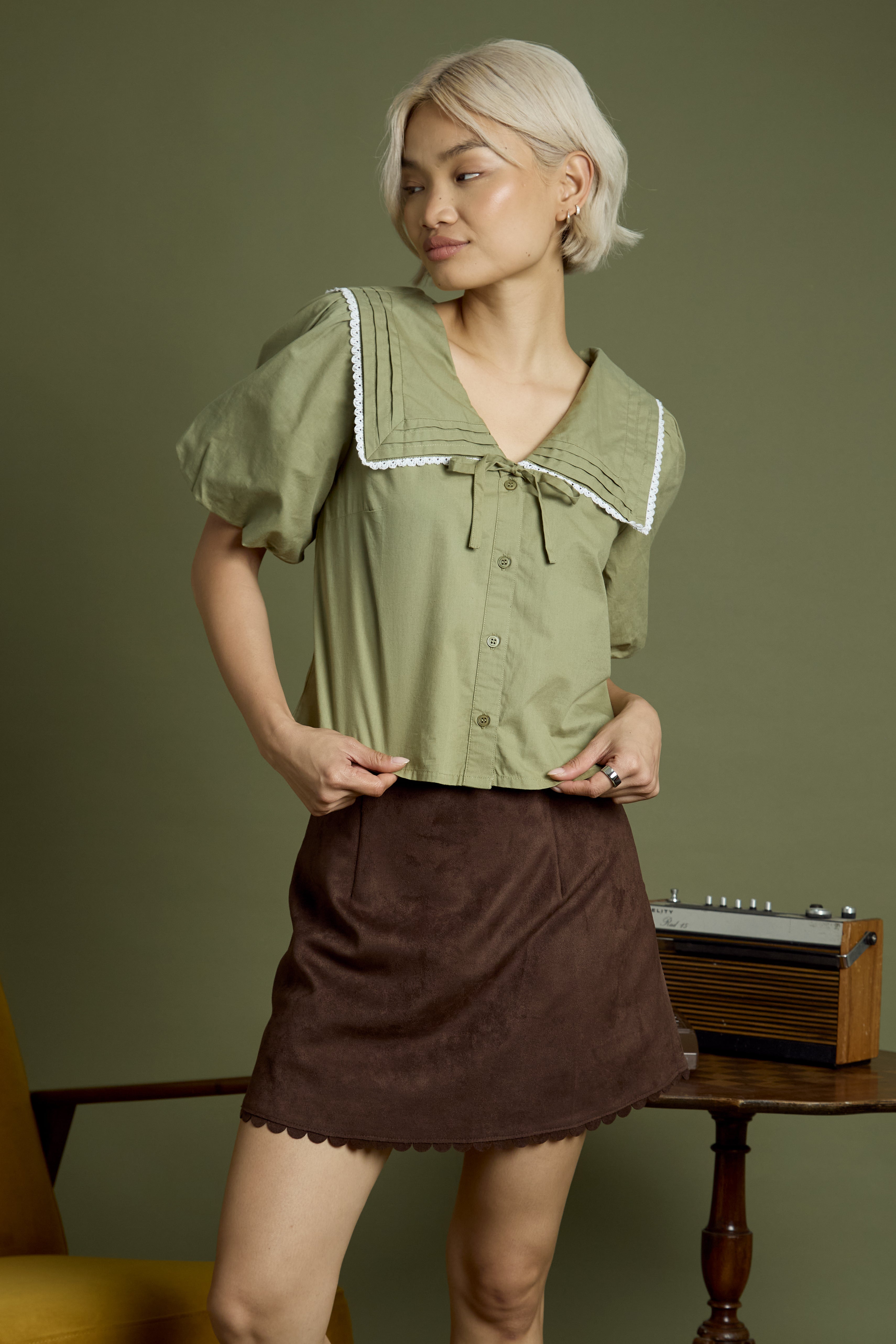 Olive Sailor Collar Puff Sleeve Blouse