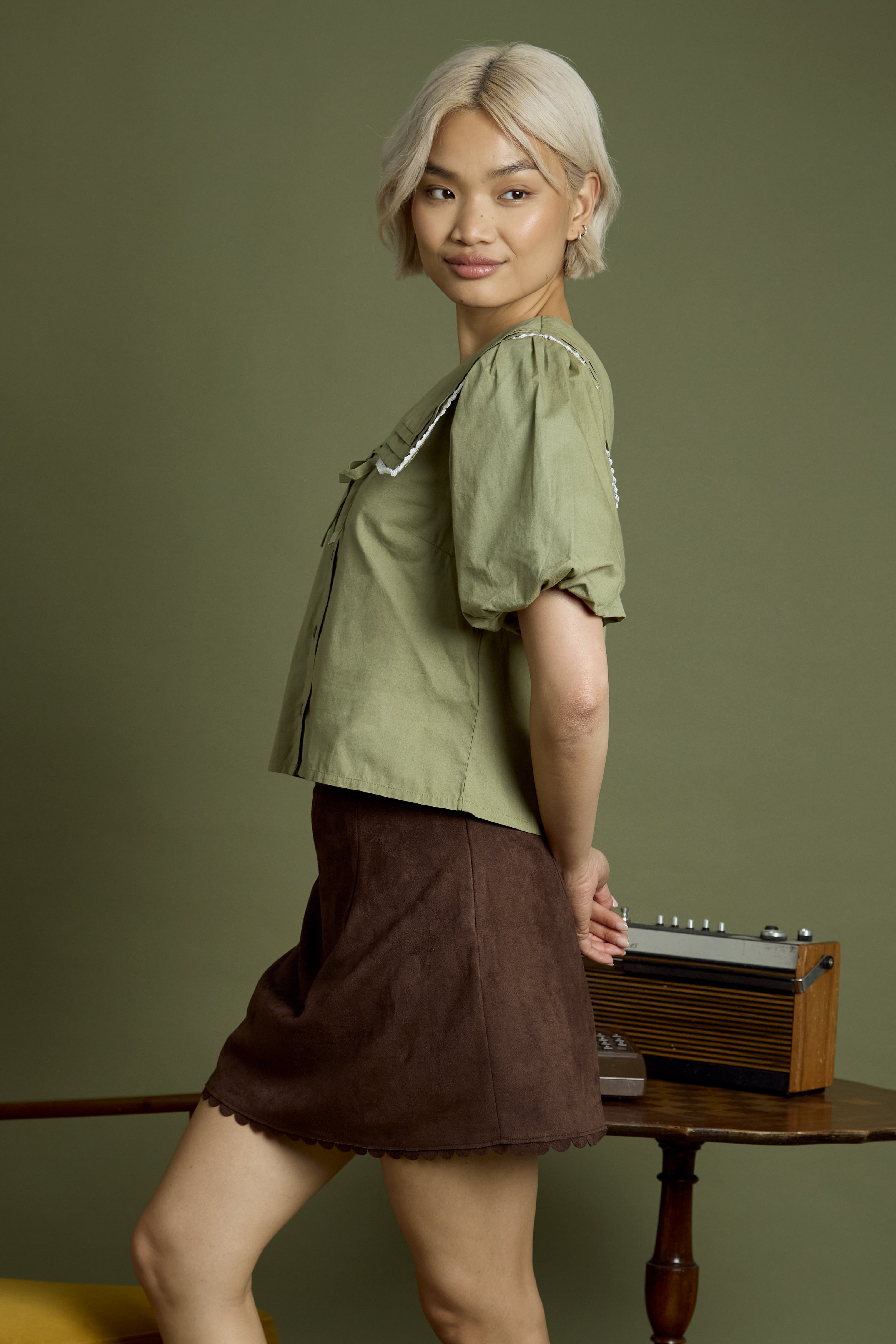 Olive Sailor Collar Puff Sleeve Blouse