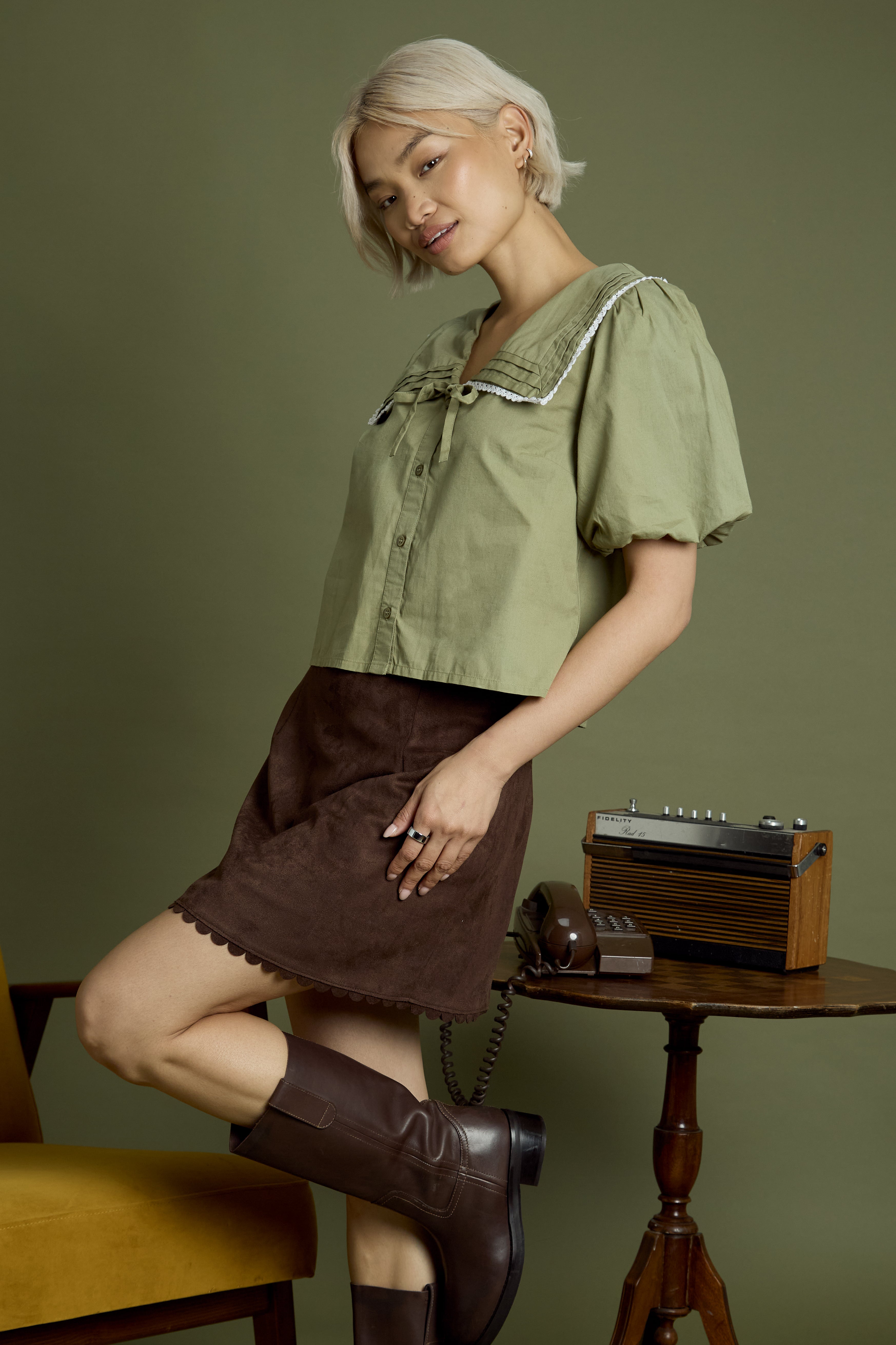 Olive Sailor Collar Puff Sleeve Blouse