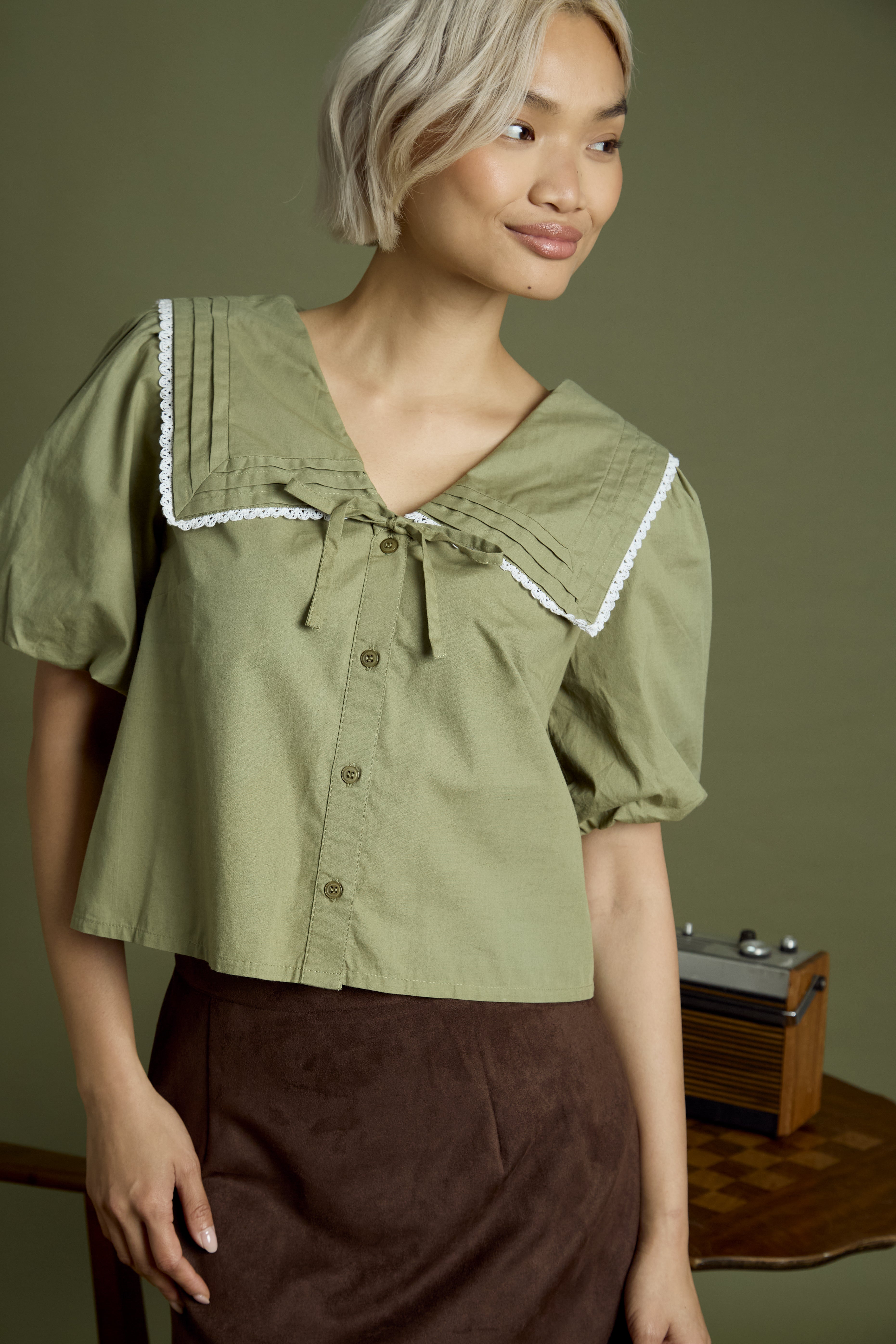 Olive Sailor Collar Puff Sleeve Blouse