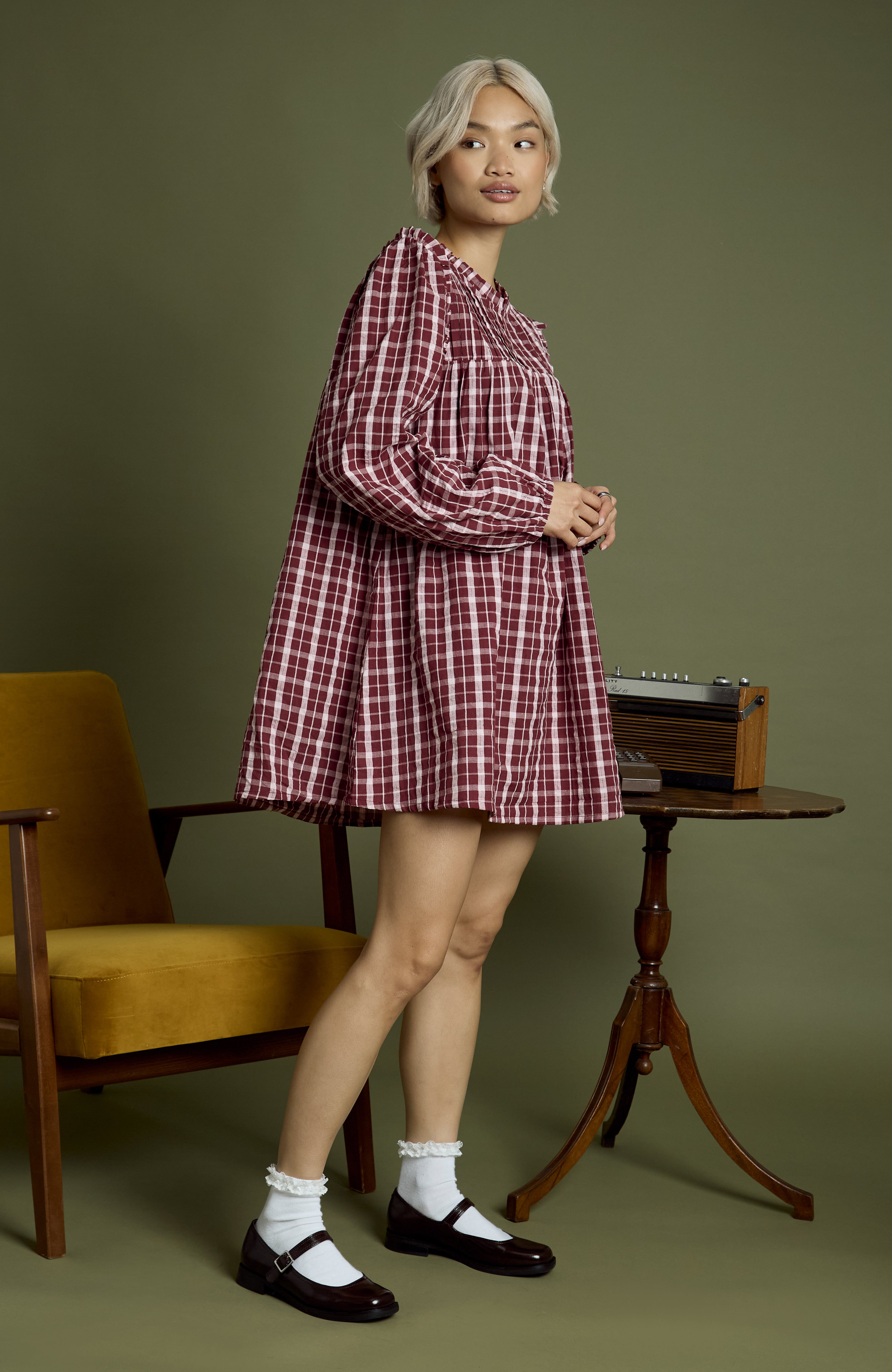 Mia High Neck Textured Check Mini Smock Dress