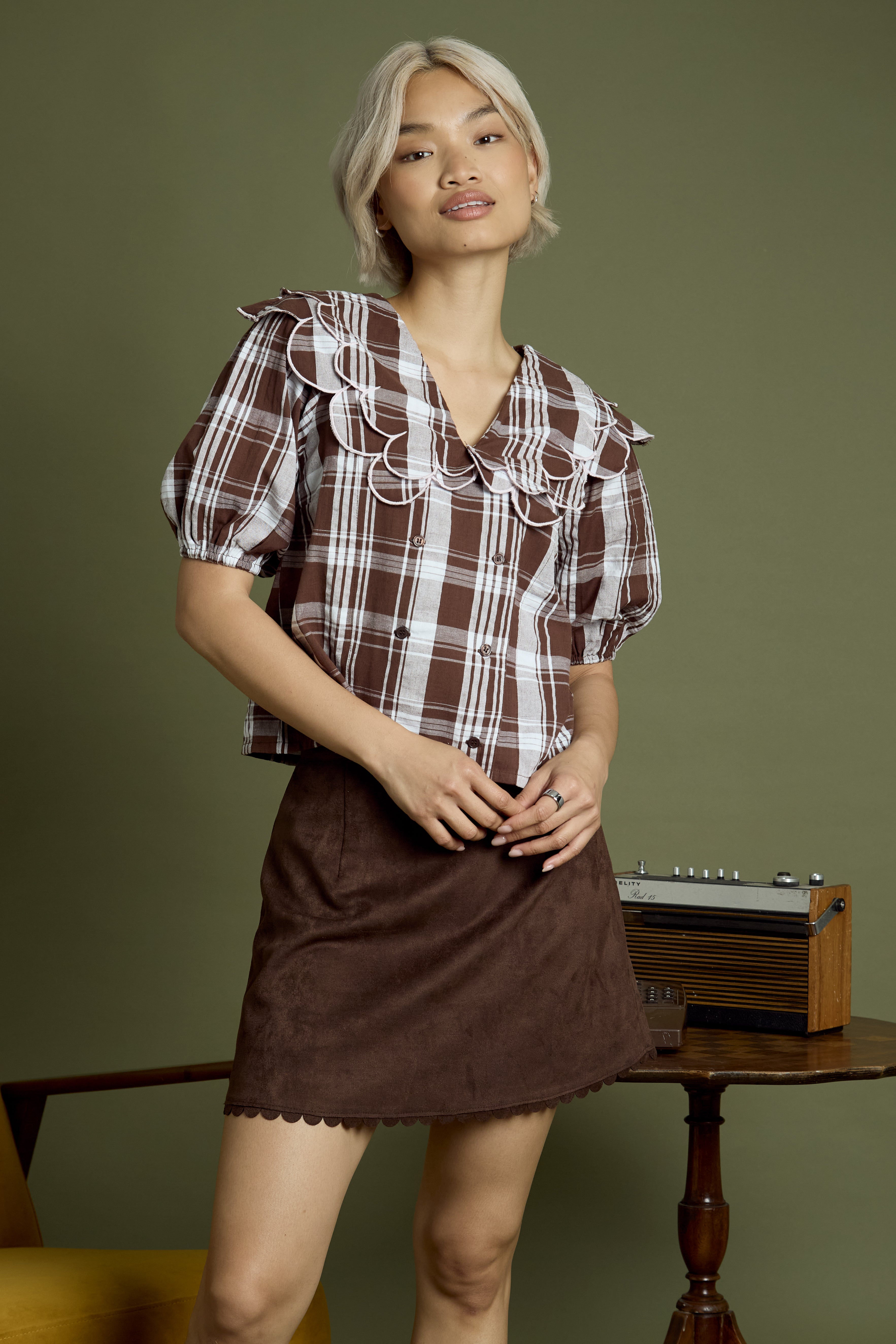 Izzy Check Print Scallop Collar Blouse