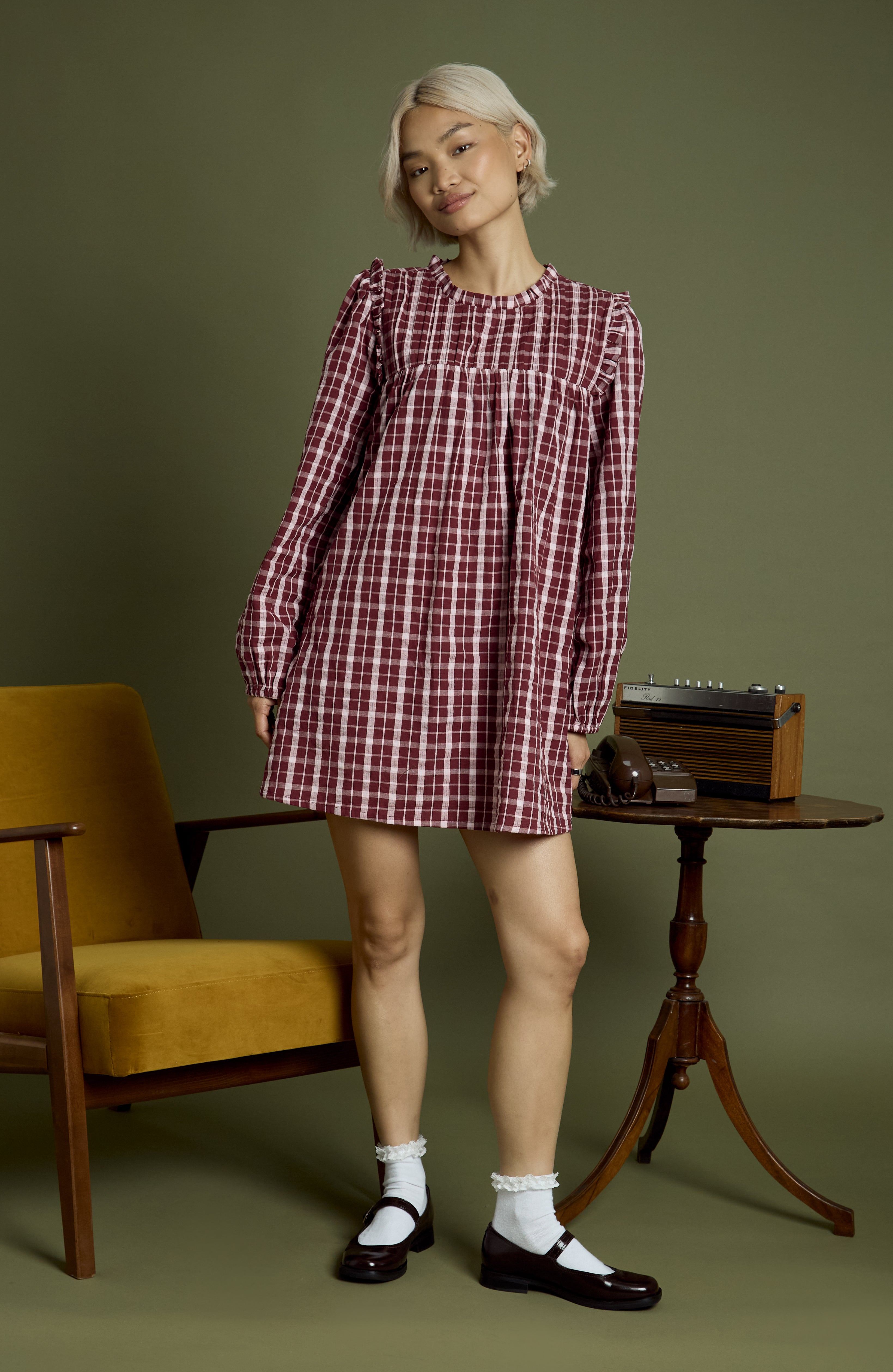 Mia High Neck Textured Check Mini Smock Dress