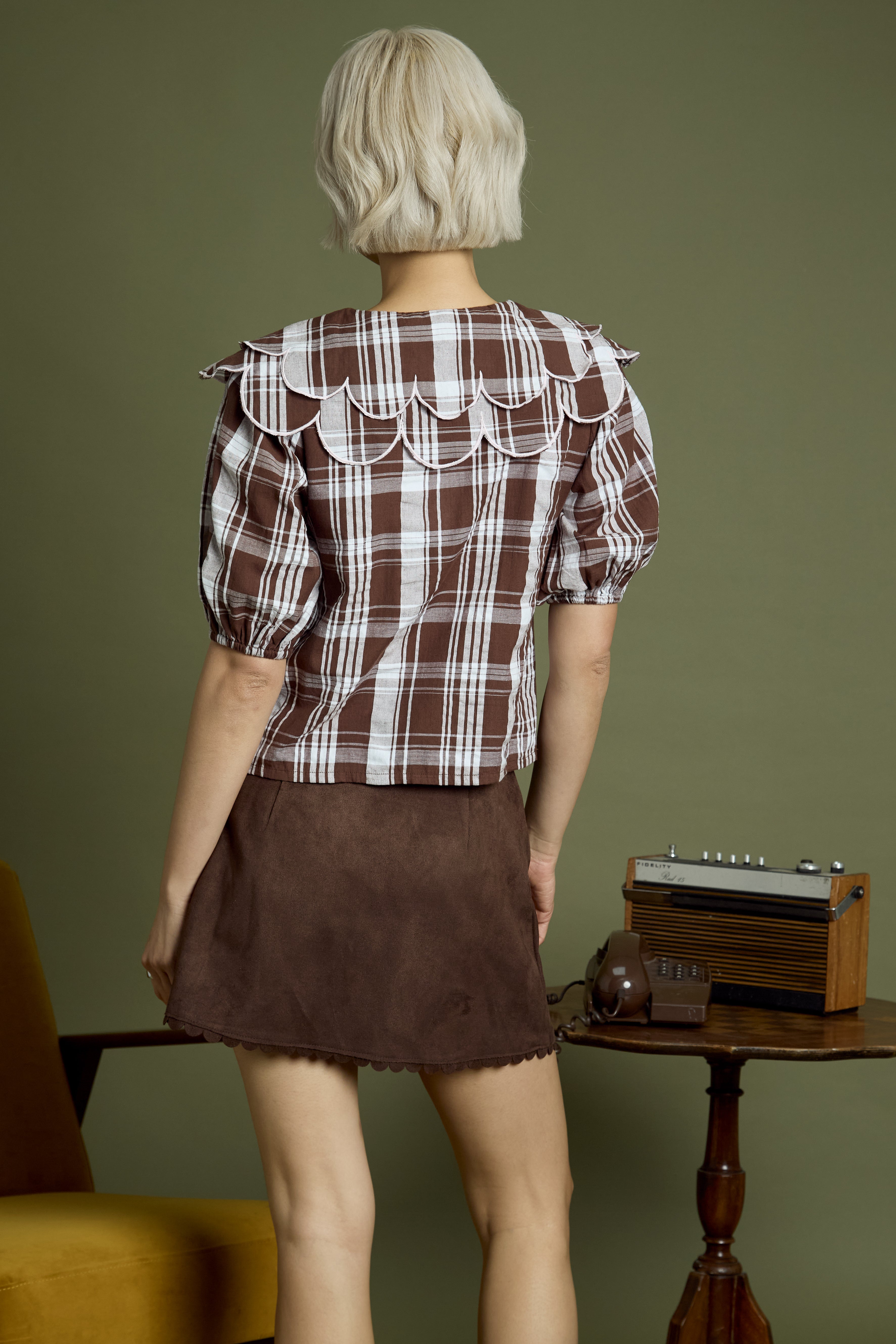 Izzy Check Print Scallop Collar Blouse