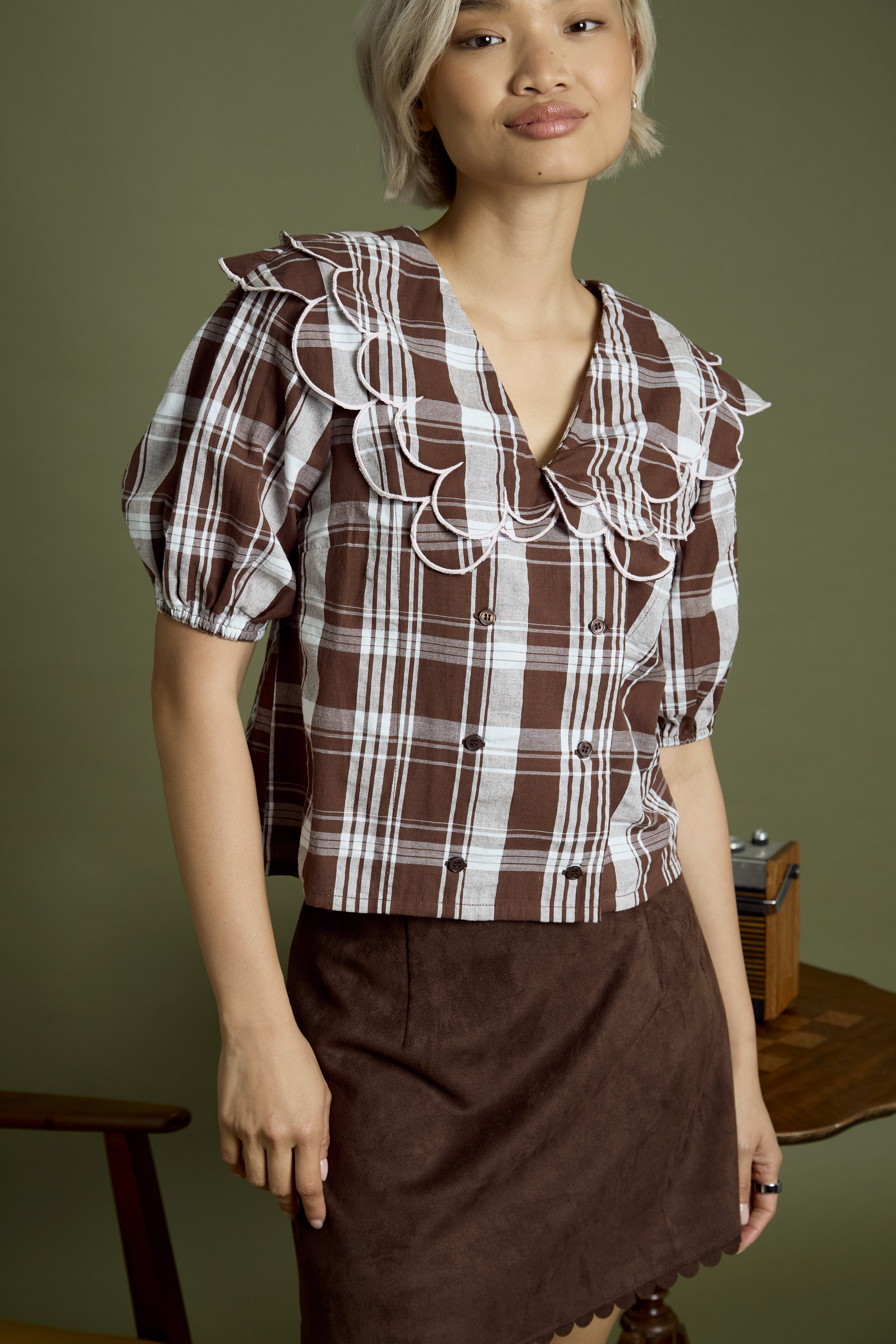 Izzy Check Print Scallop Collar Blouse