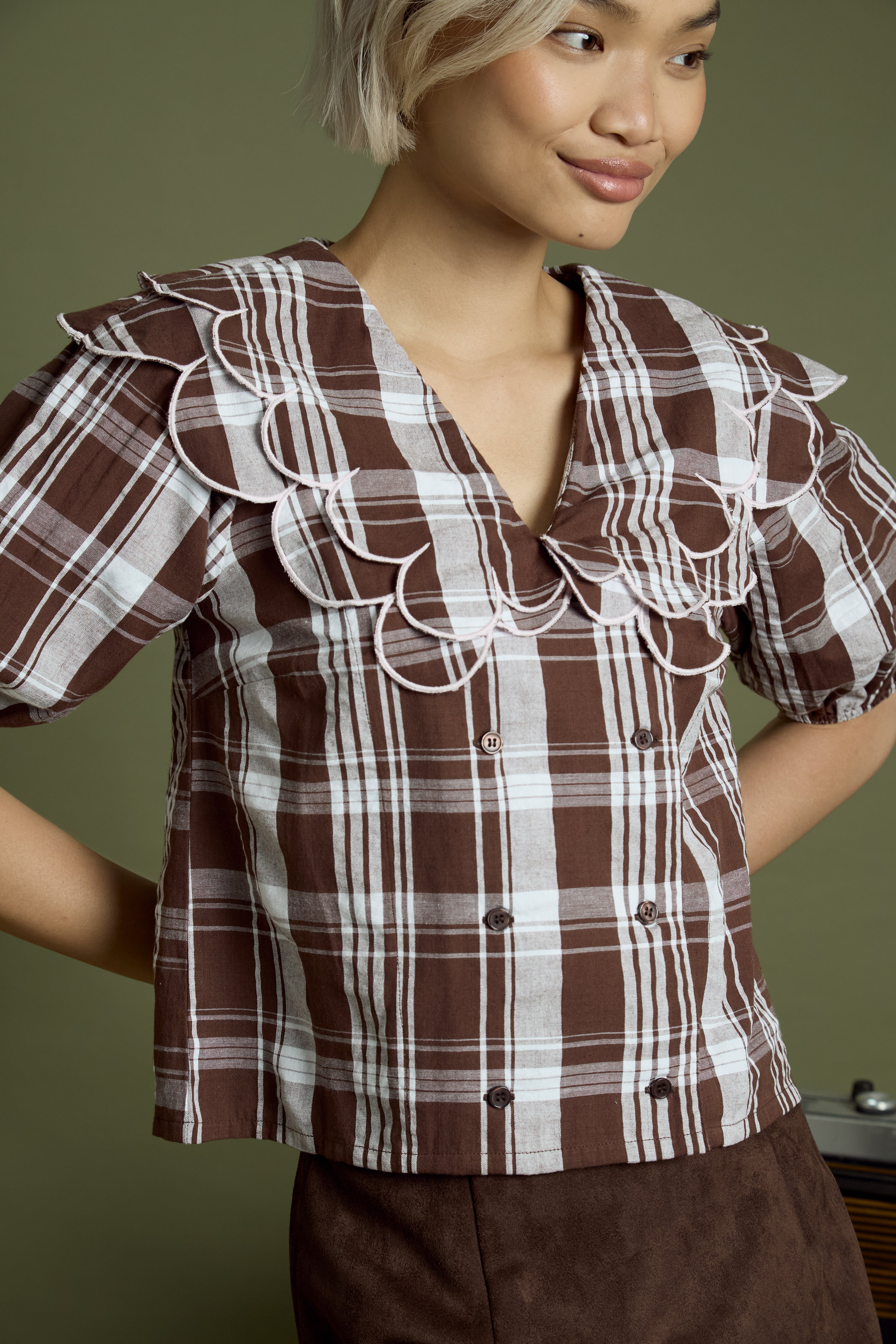 Izzy Check Print Scallop Collar Blouse