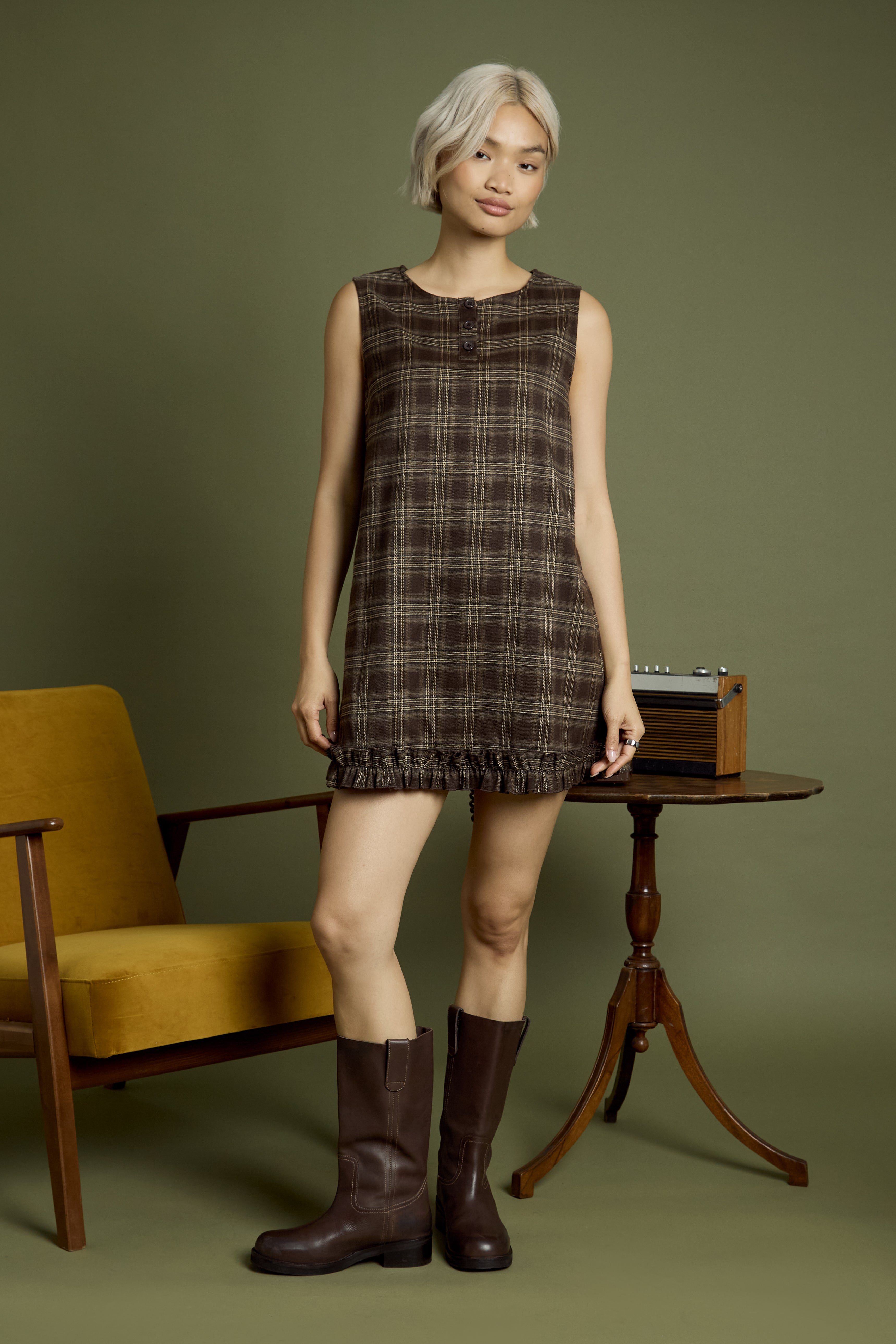 Lacey Check Print Mini Shift Dress