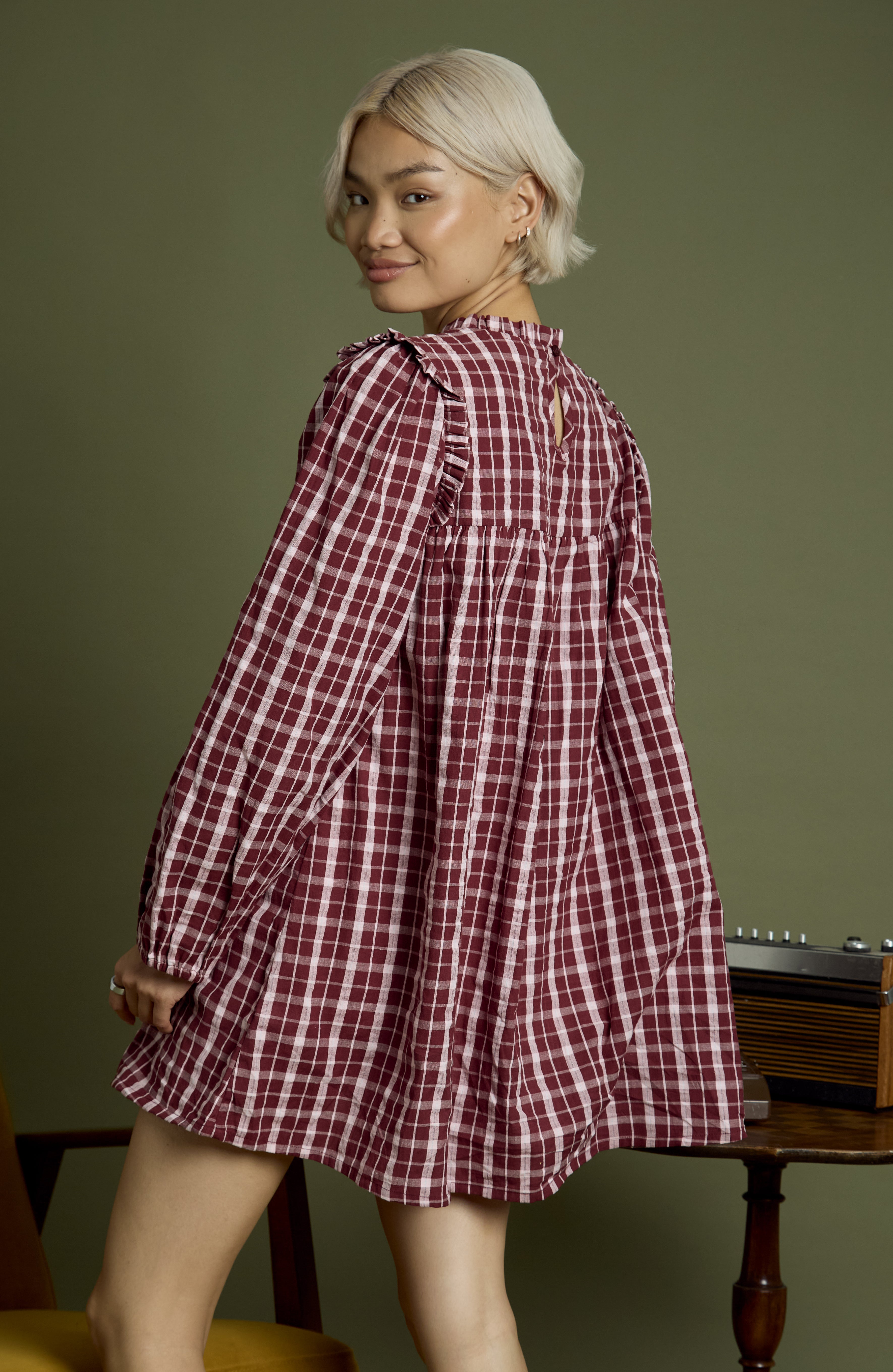 Mia High Neck Textured Check Mini Smock Dress