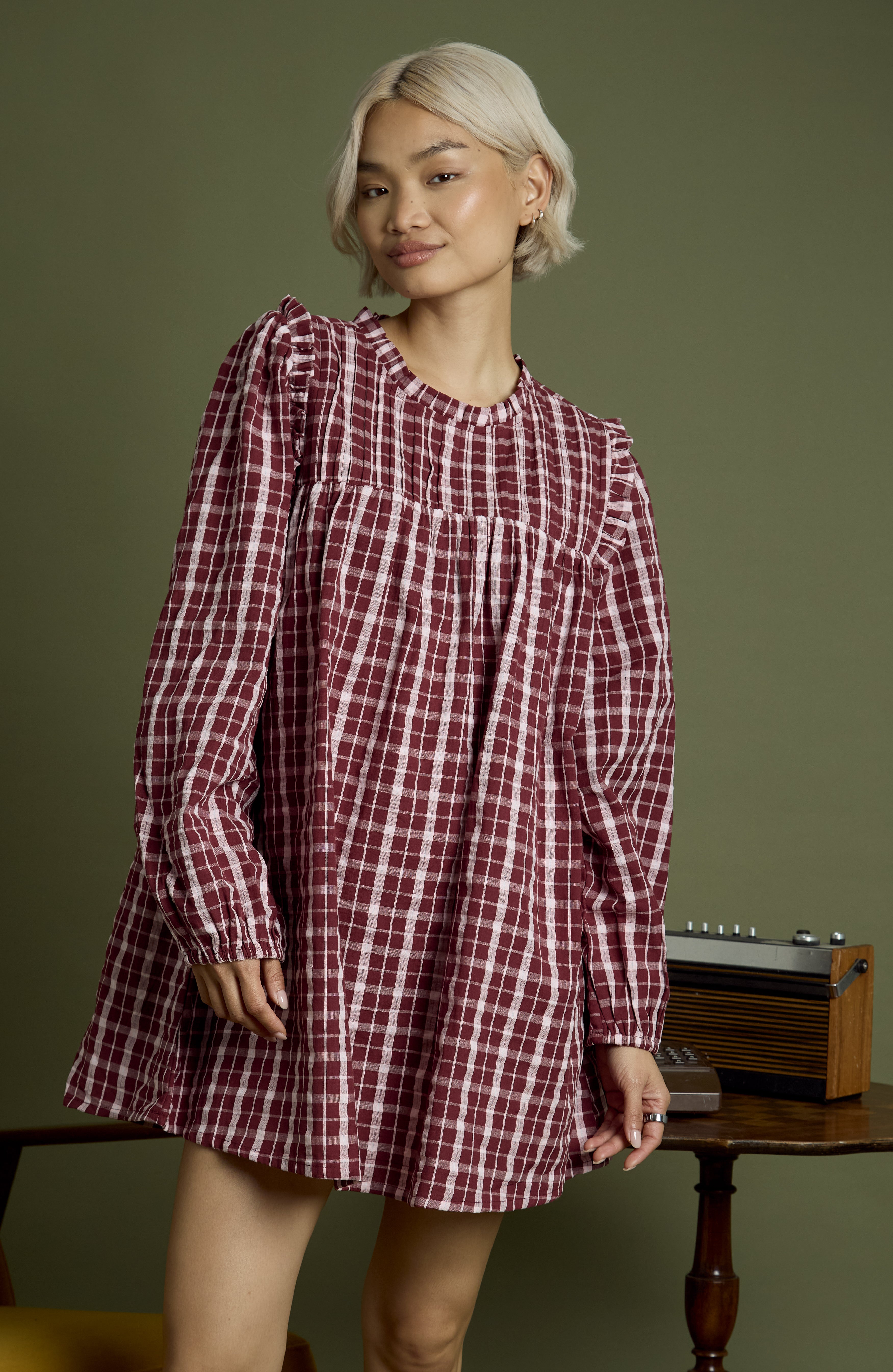 Mia High Neck Textured Check Mini Smock Dress