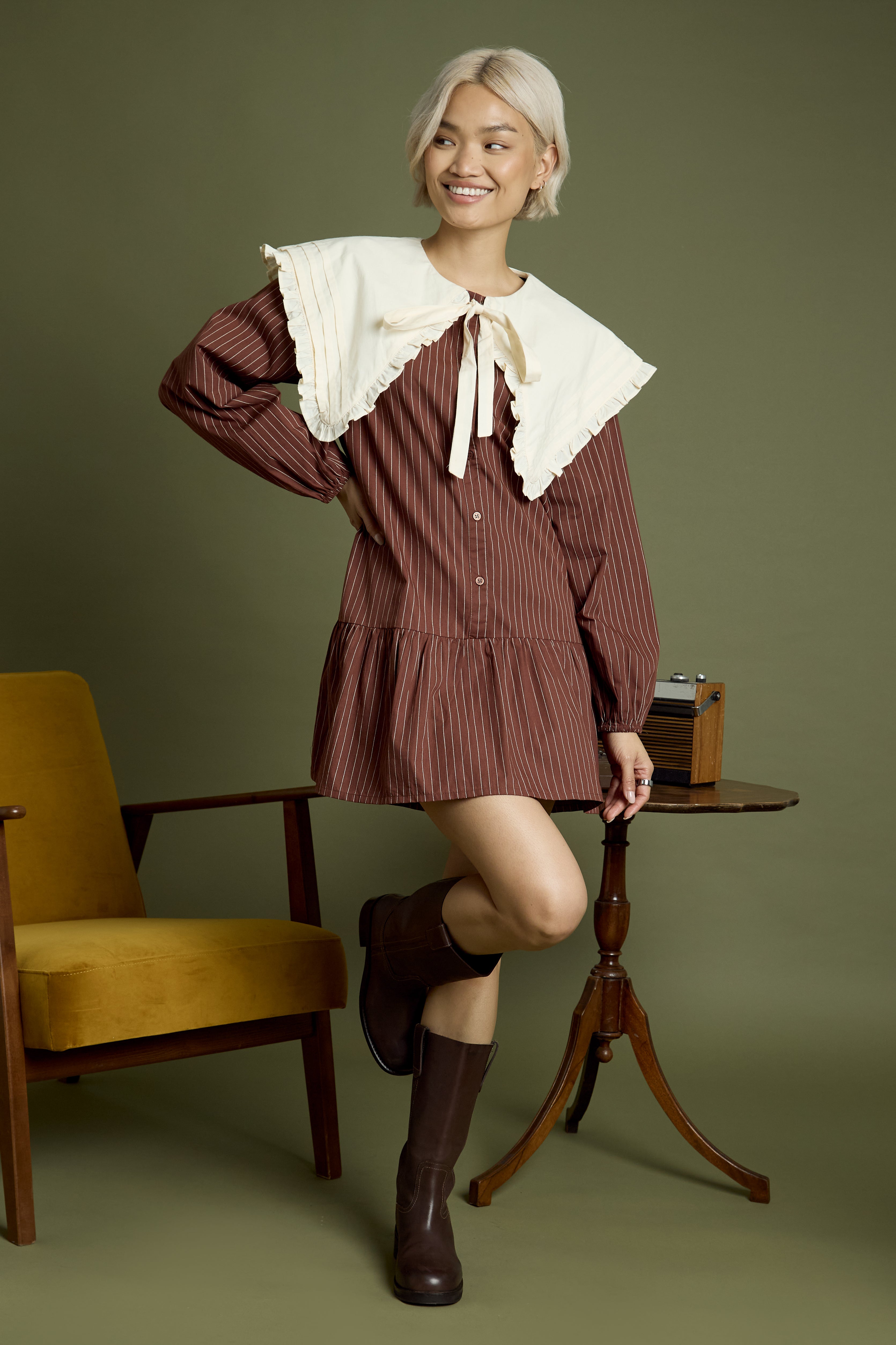 Casey Oversized Collar Pinstripe Mini Smock Dress