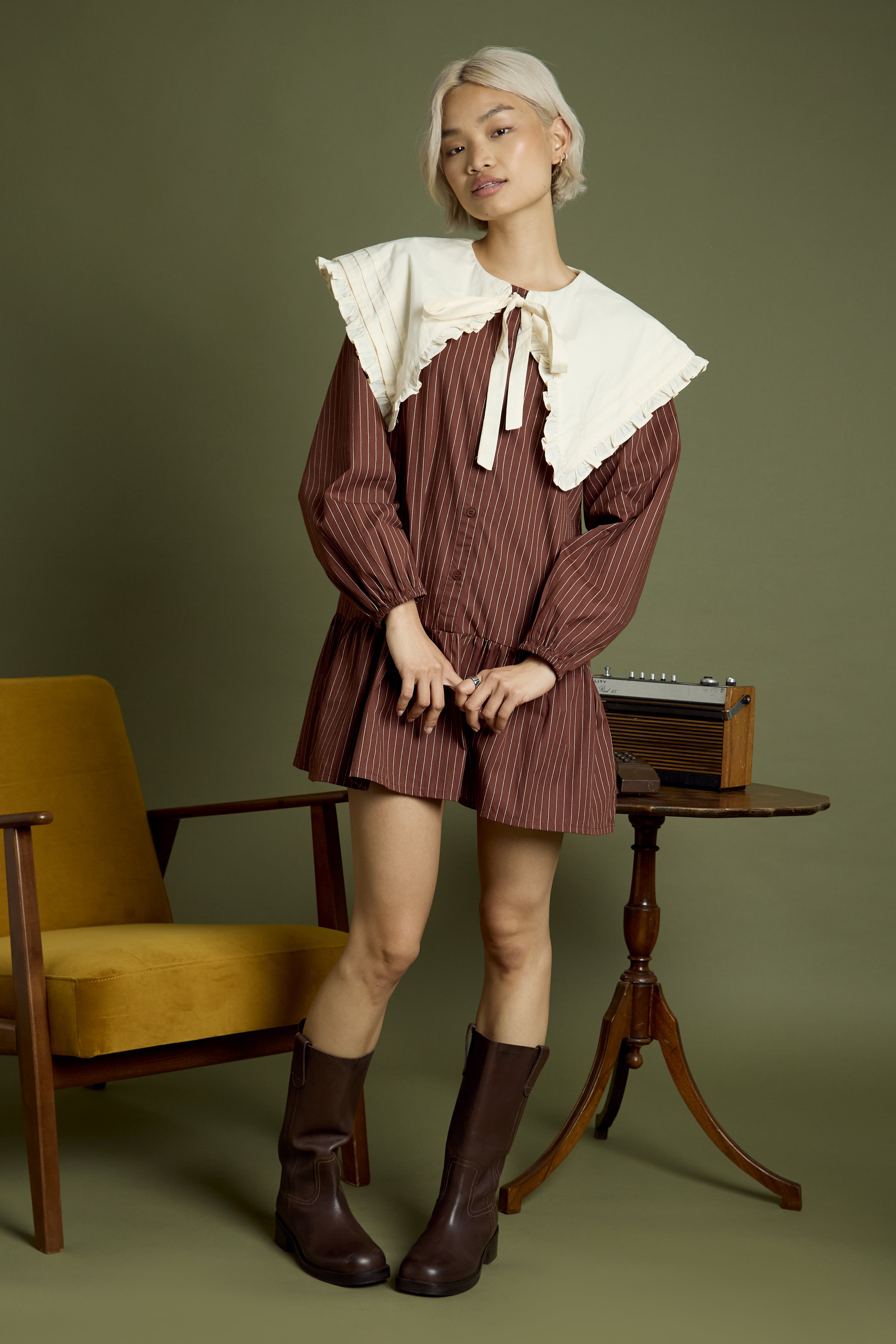 Casey Oversized Collar Pinstripe Mini Smock Dress