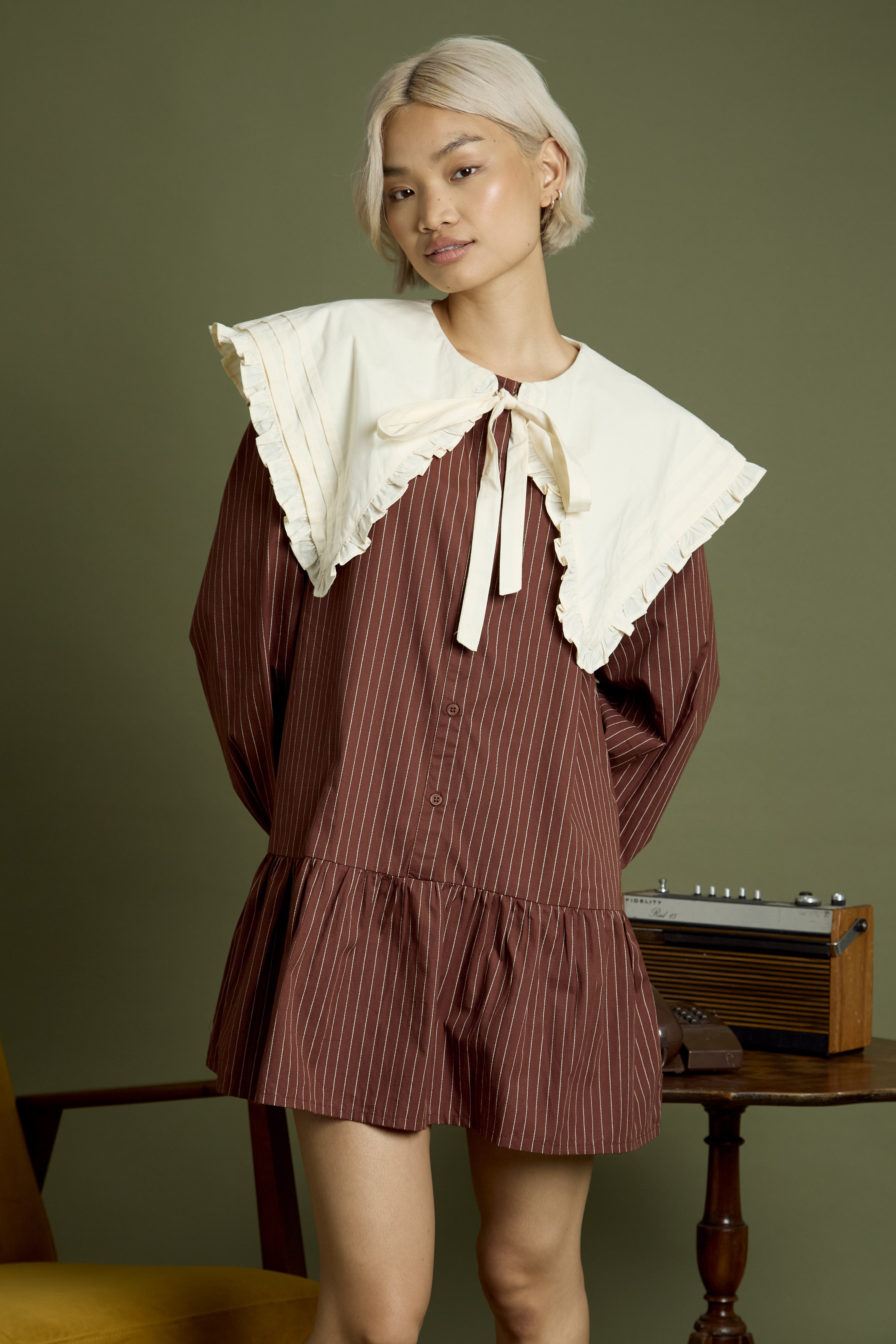 Casey Oversized Collar Pinstripe Mini Smock Dress
