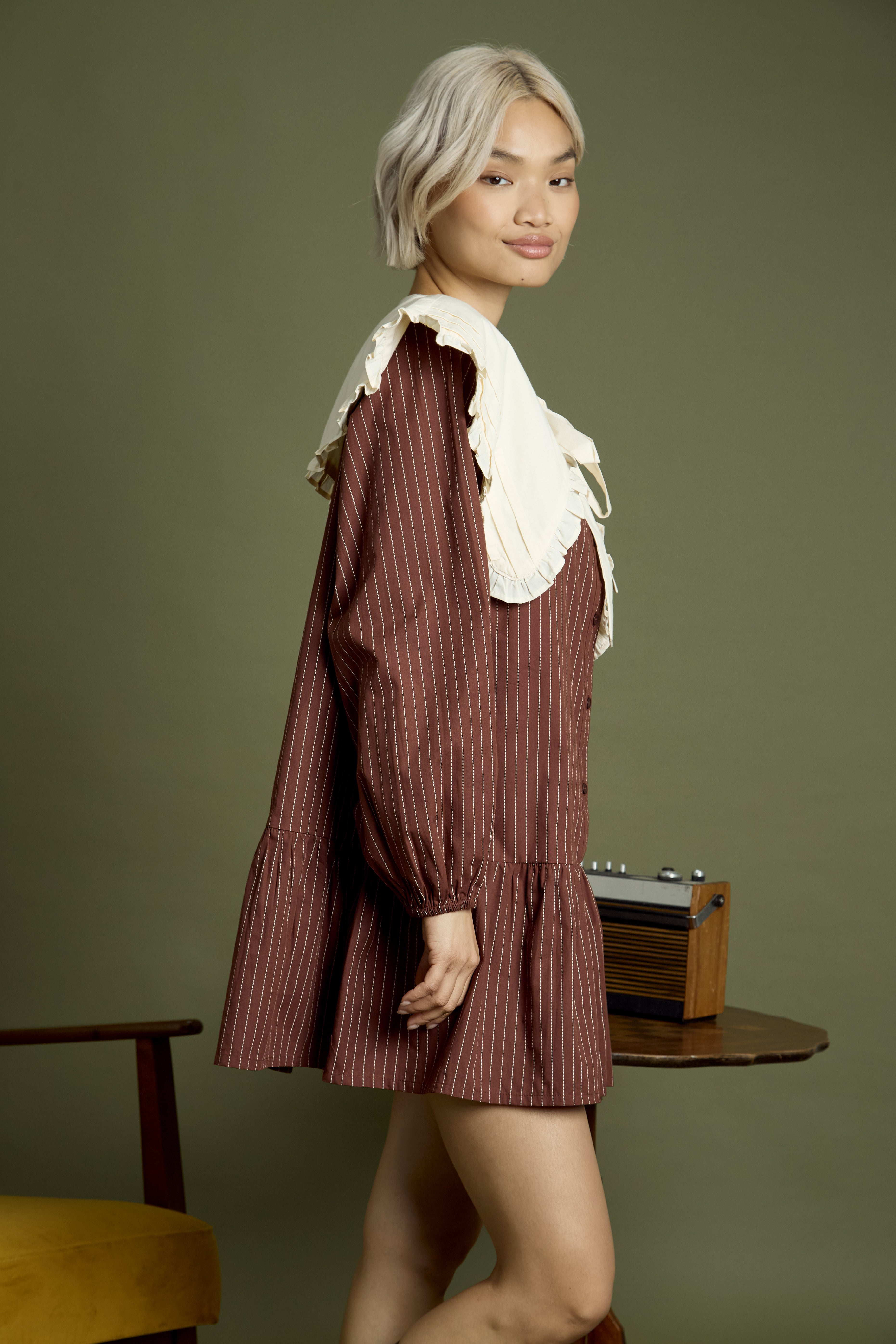 Casey Oversized Collar Pinstripe Mini Smock Dress