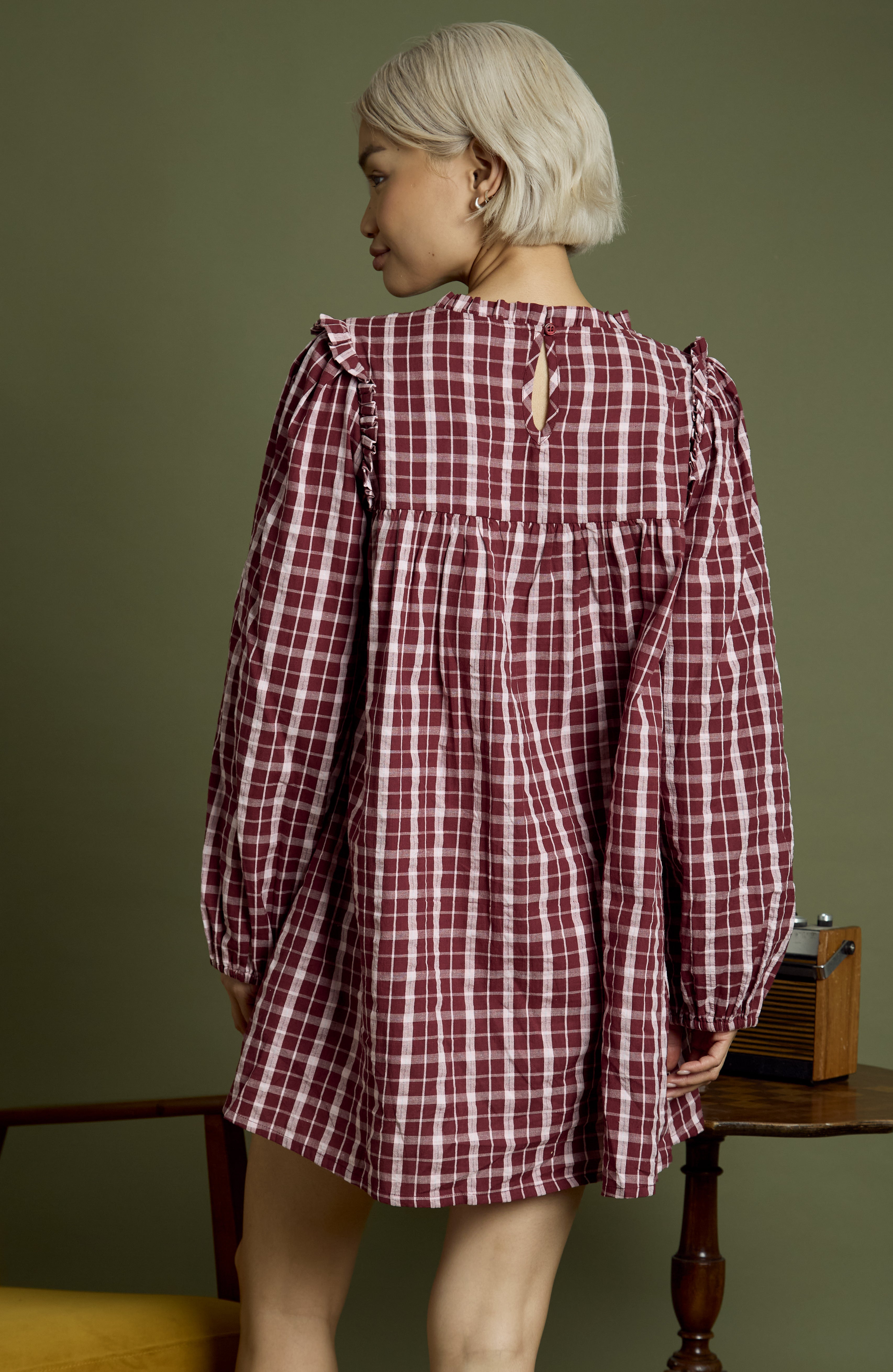 Mia High Neck Textured Check Mini Smock Dress